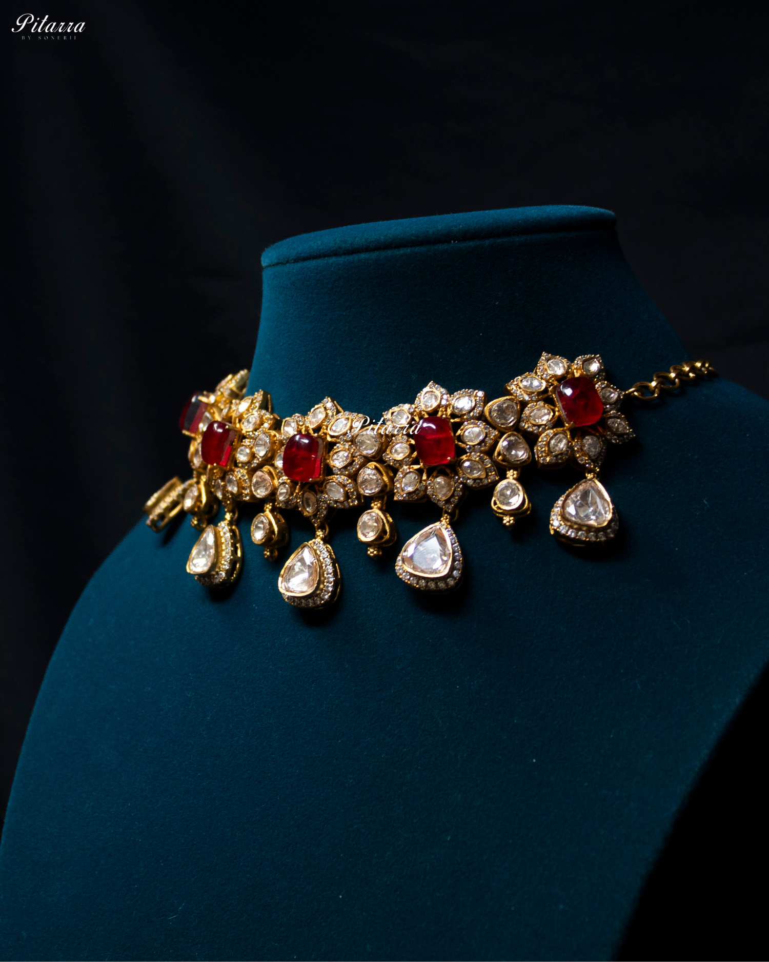 Red Square Stone Victorian Polki Kundan Necklace Set