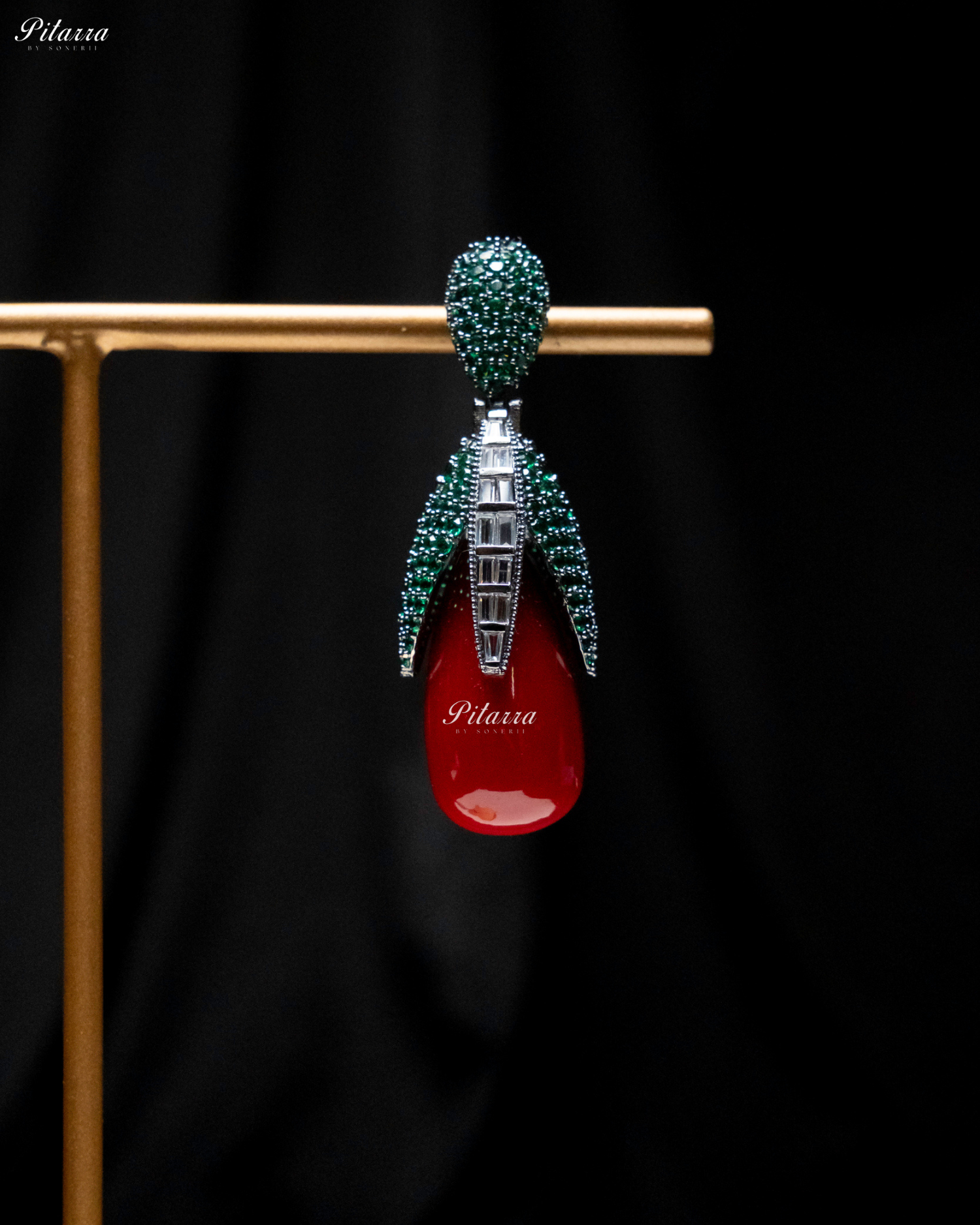 Emerald Leaf Red Teardrop CZ Crystal Earrings