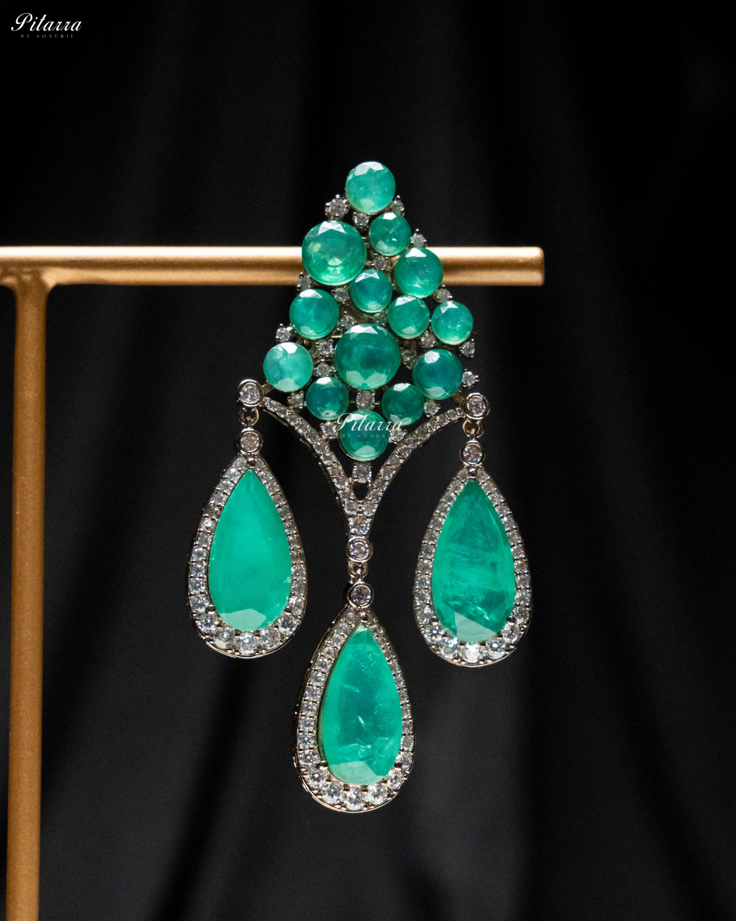 Mint Green Stone Three Teardrop CZ Doublet Dangler Earrings