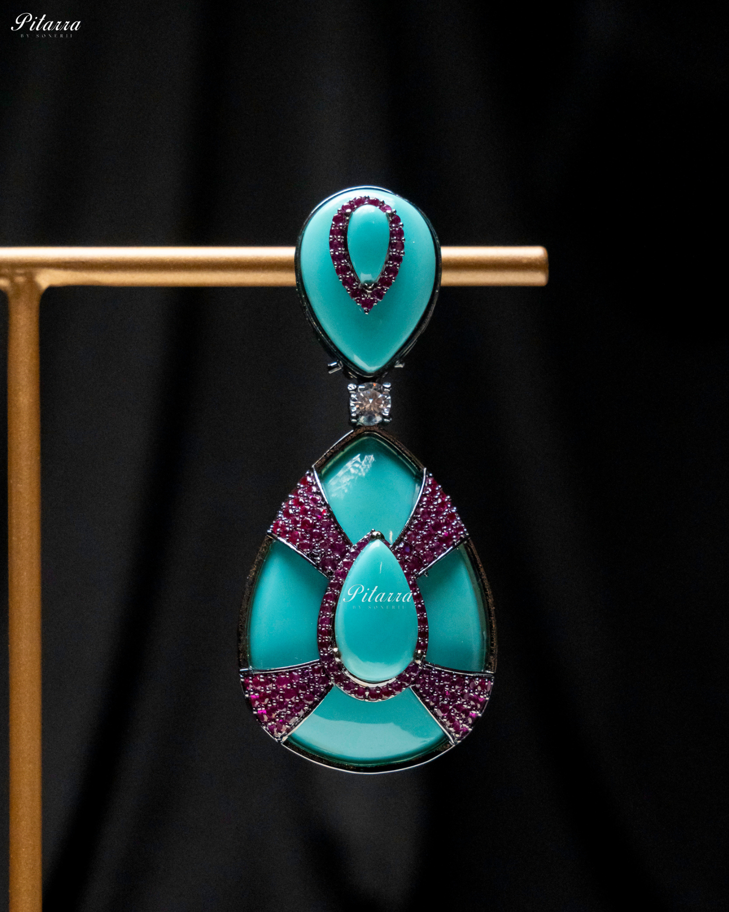 Turquoise Stone Turquoise Drop Pink Line Crystal Dangler Earrings