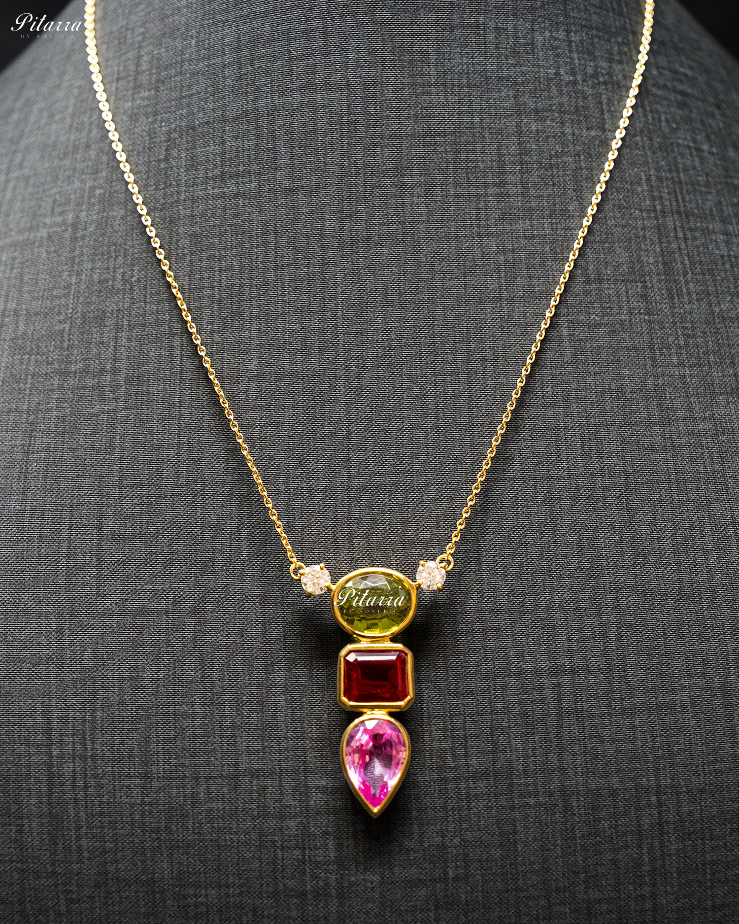 Gold Chain Round Green Top Stone Pink Drop Pendent Set