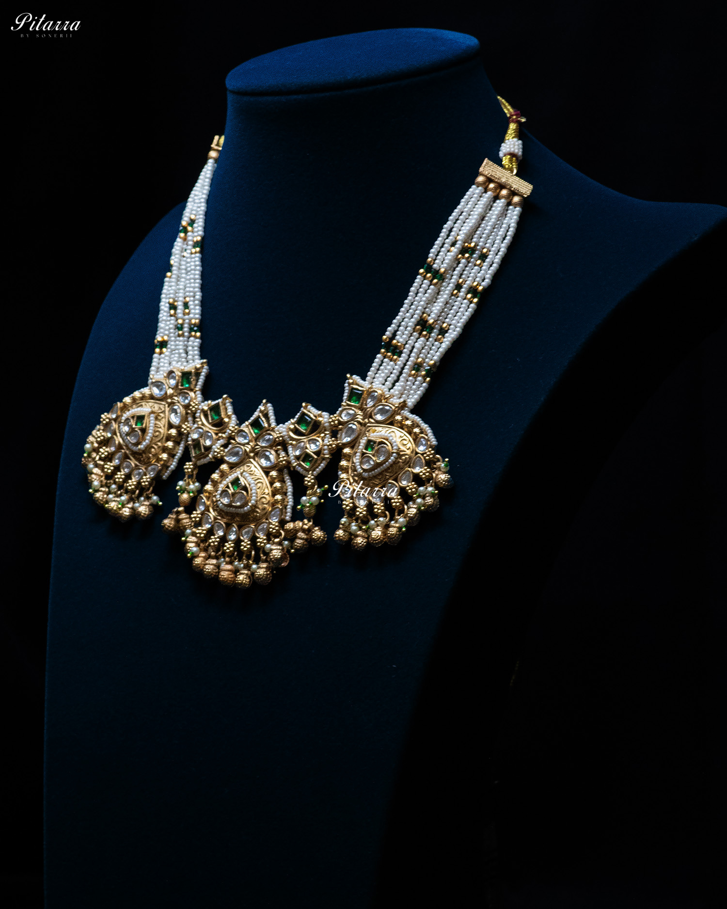 Emerald Stone Gold Finish White Pearl Kundan Necklace Set