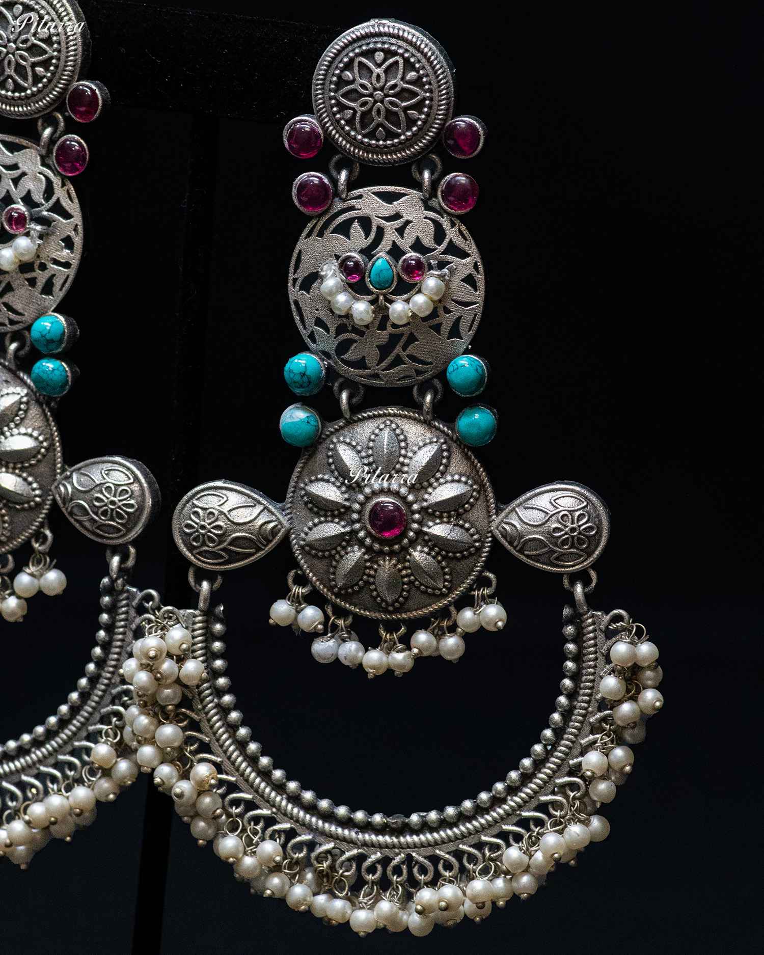 Turquoise Stone Flora Motif Silver Look Alike Dangler Earrings