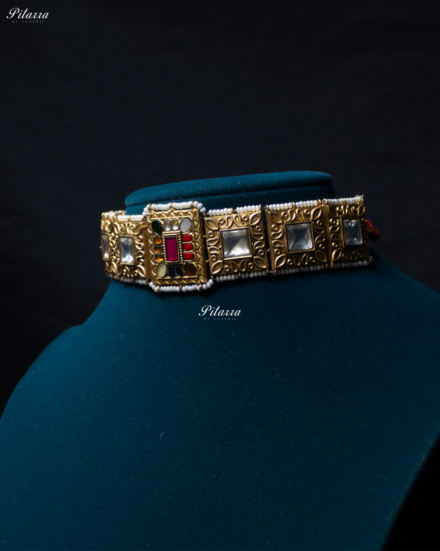 Square Multi Stone Golden Tone Kundan Choker Set