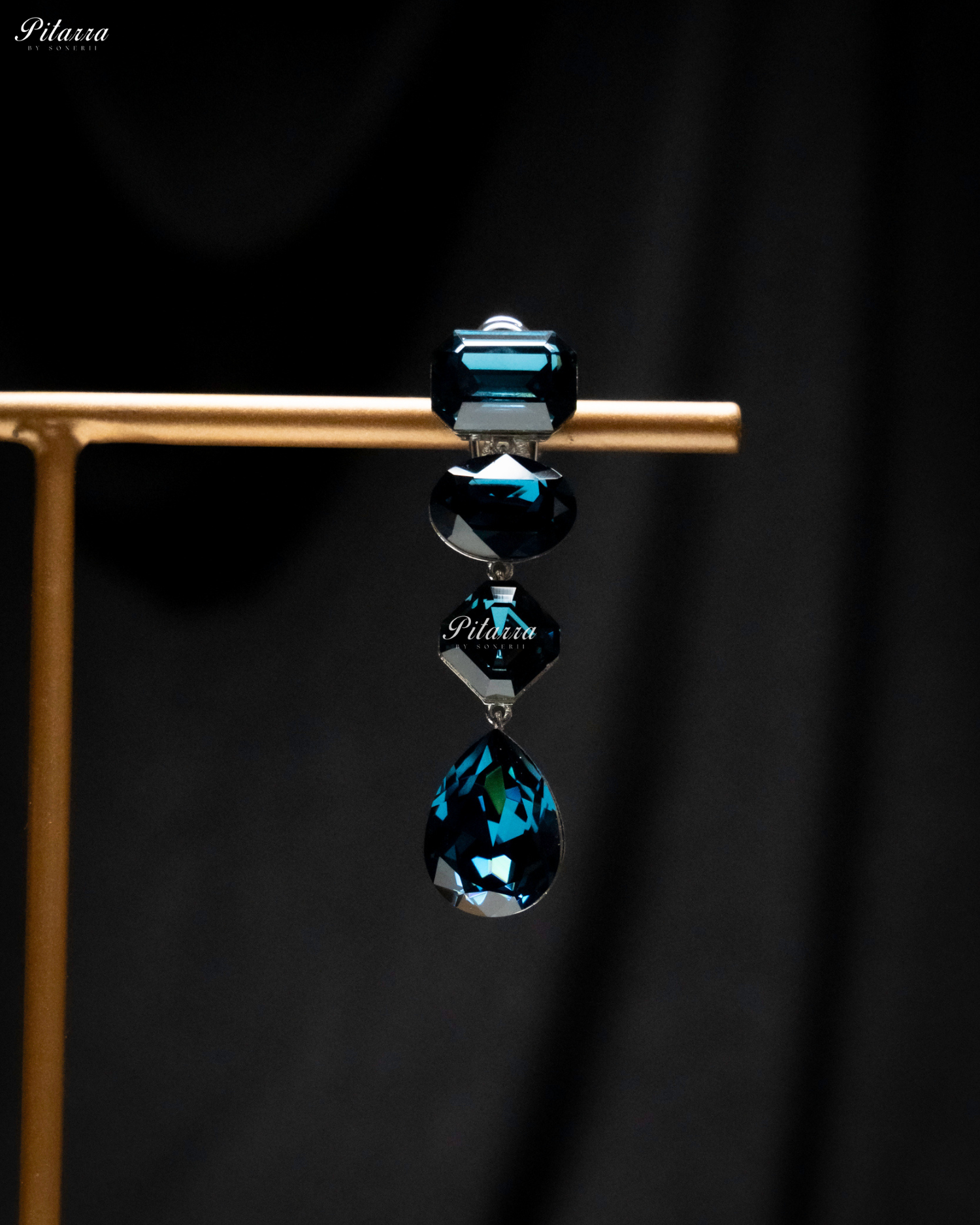 Navy Blue Stone Studded Geometric Crystal Drop Earrings