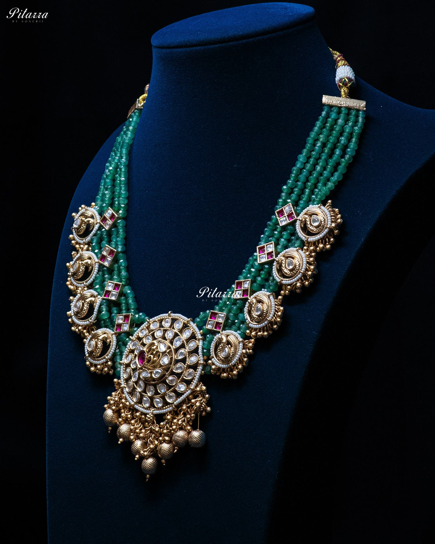 Bird Motif Pendant Green Beads Kundan Necklace Set