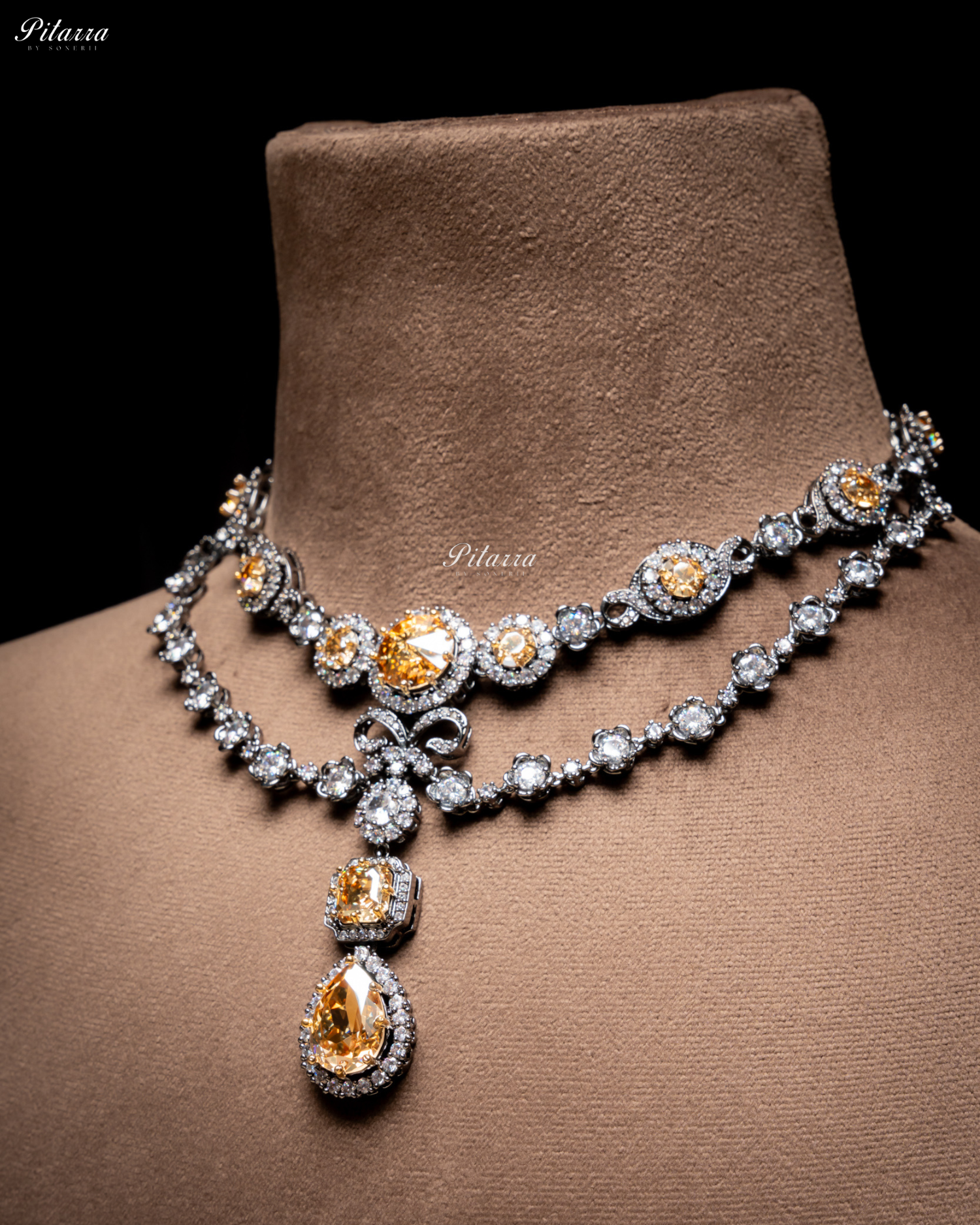 Yellow Two Layer Silver CZ Victorian Black polish Necklace Set