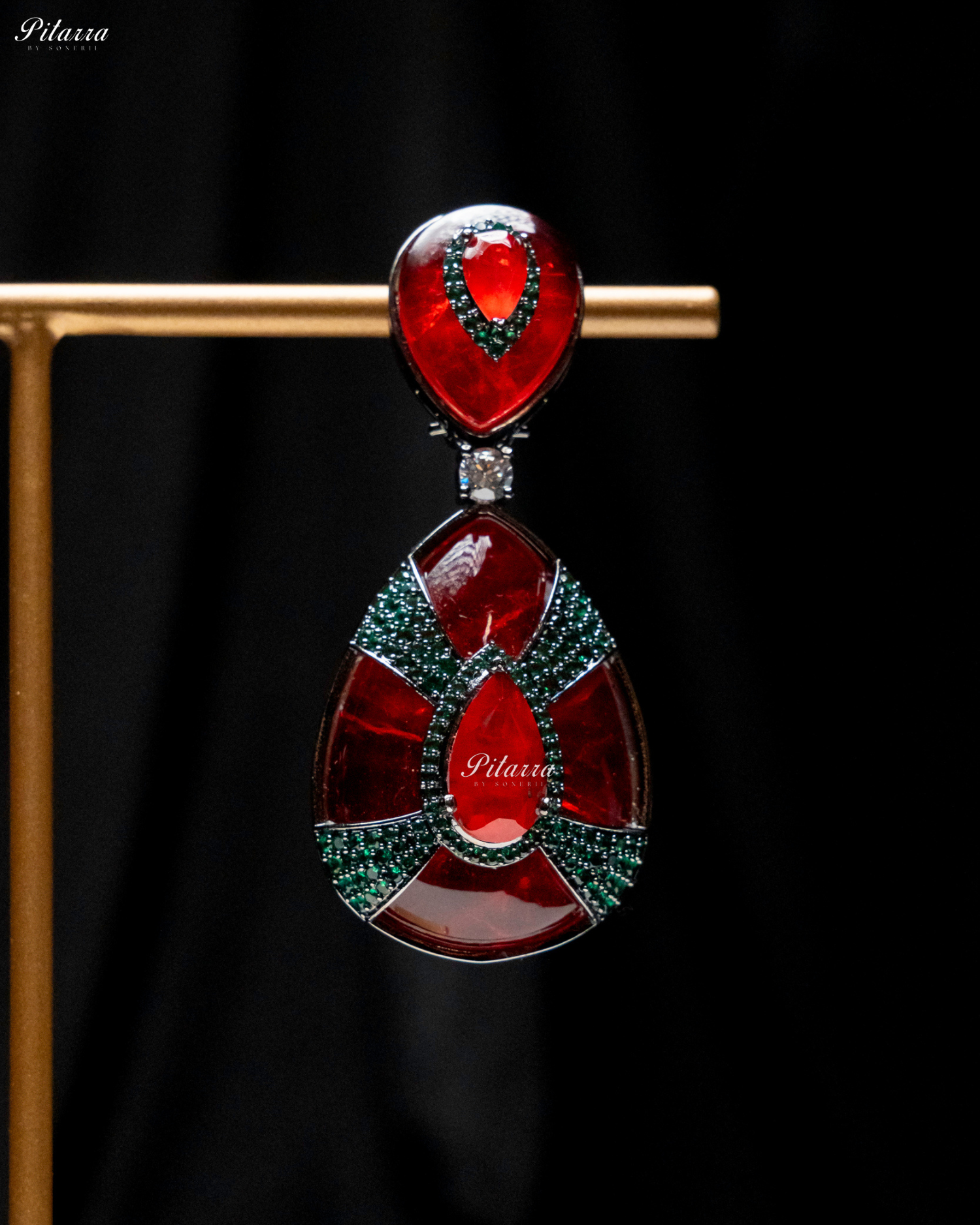 Red Stone Red Drop Emerald Line Crystal Dangler Earrings