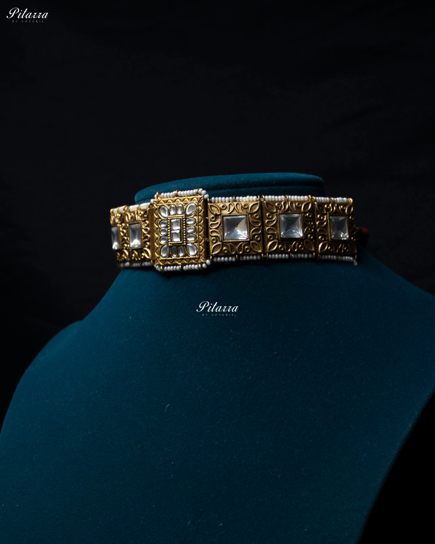 Square Clear Crystal Stone Golden Tone Kundan Choker Set