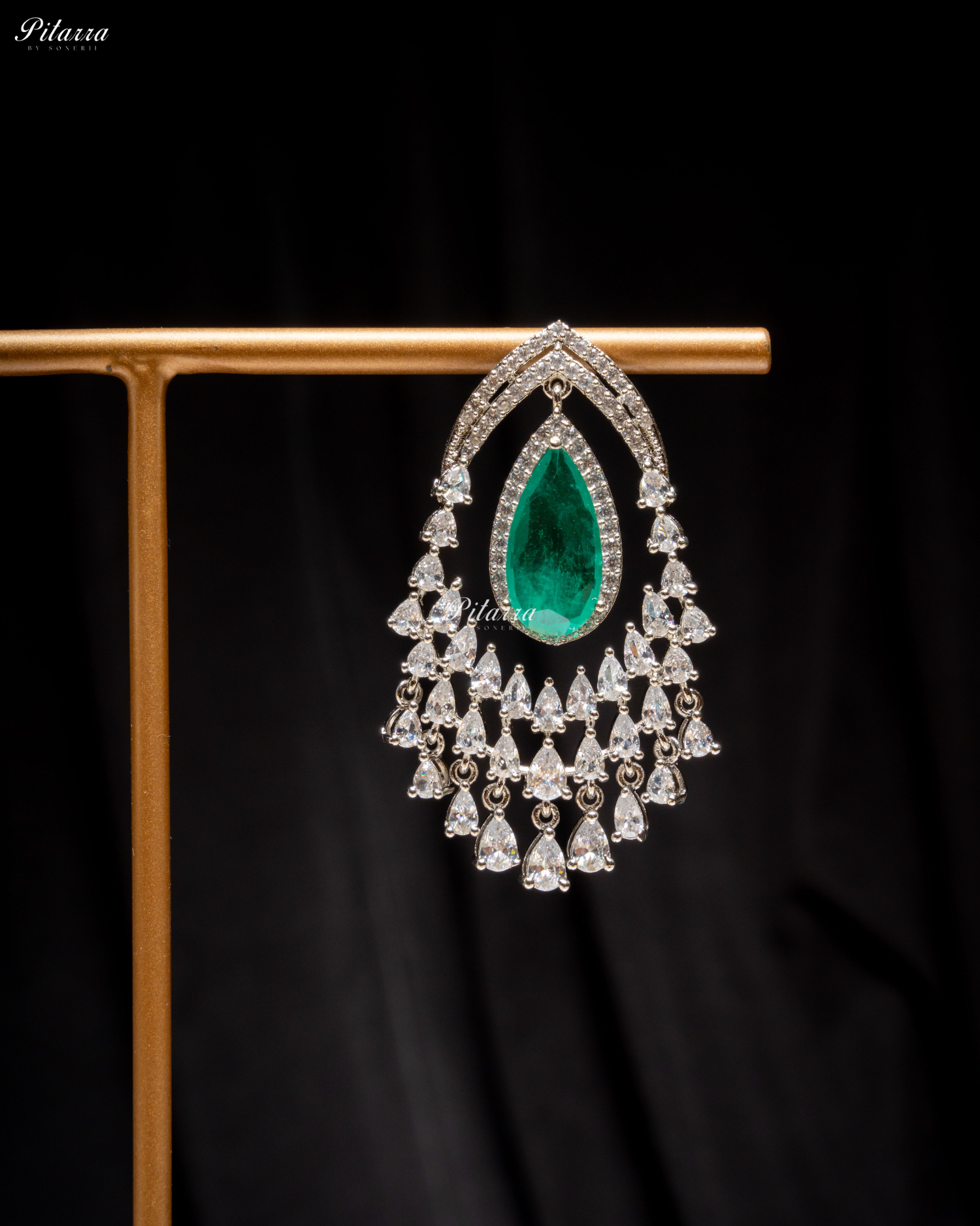 Emerald Stone Silver CZ Dangle Earrings