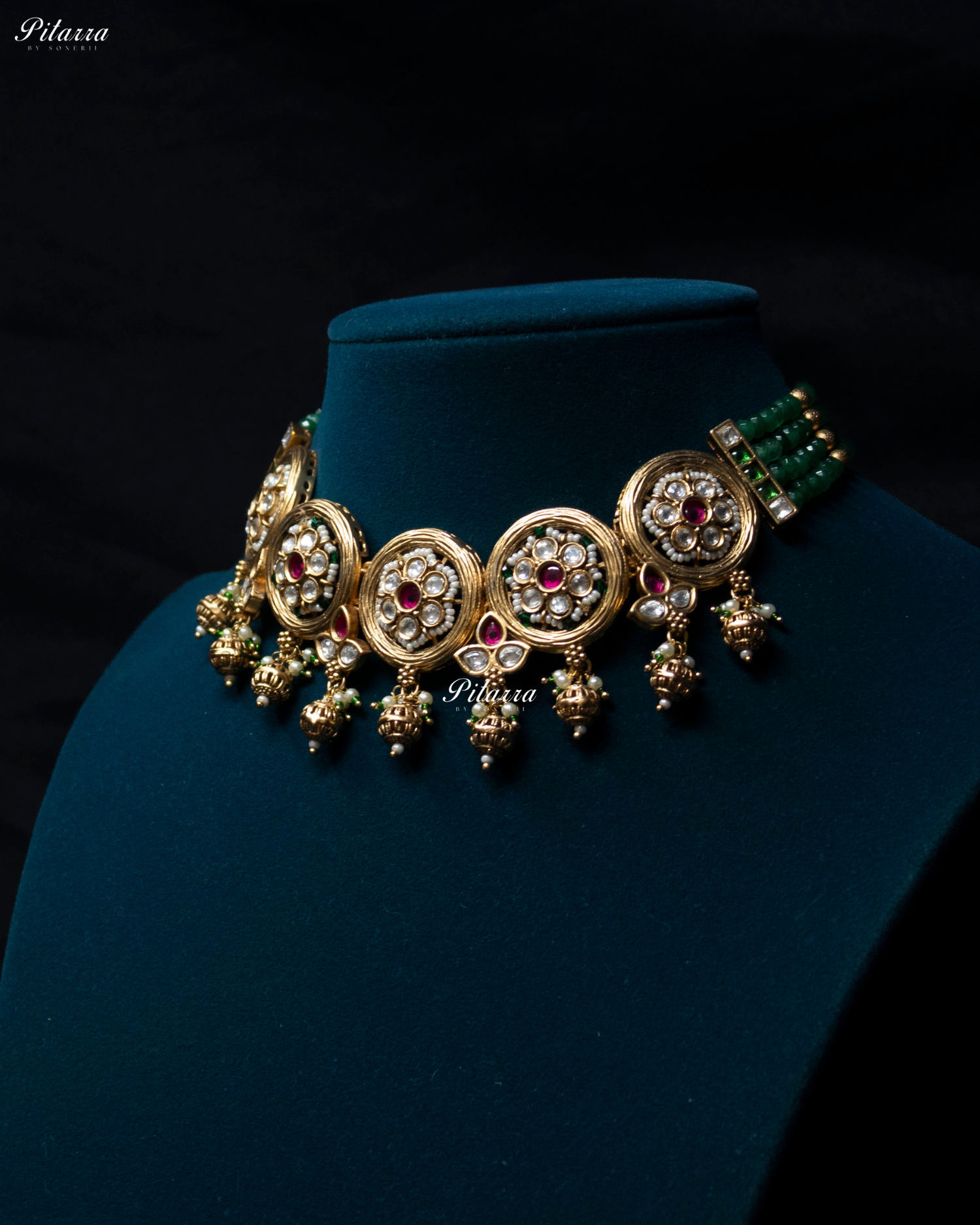 Floral Pink Stone Green Pearl Kundan Choker Set