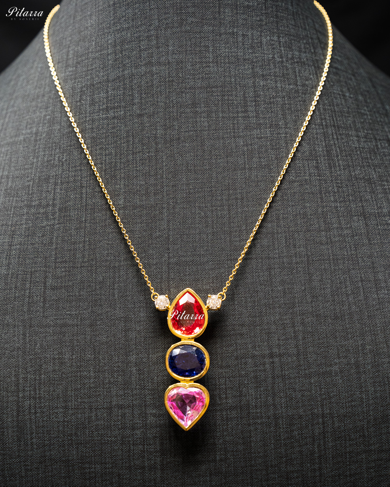 Gold Chain Drop Red Top Stone Pink Heart Pendent Set