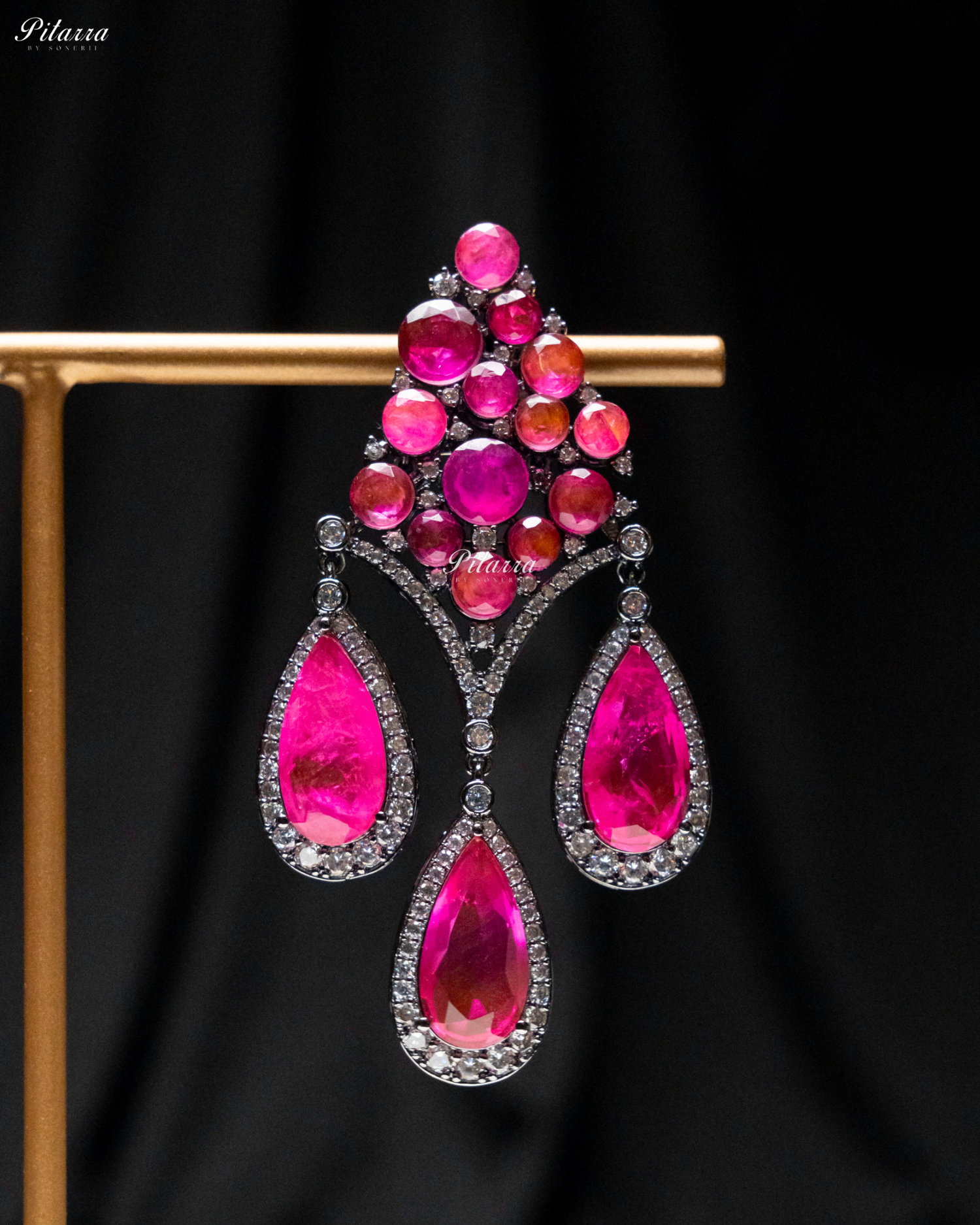 Pink Stone Three Teardrop CZ Crystal Dangler Earrings
