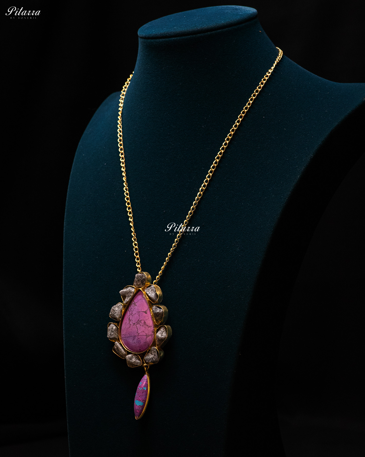 Gold Finish Pear Shaped Purple Raw Stone Pendant