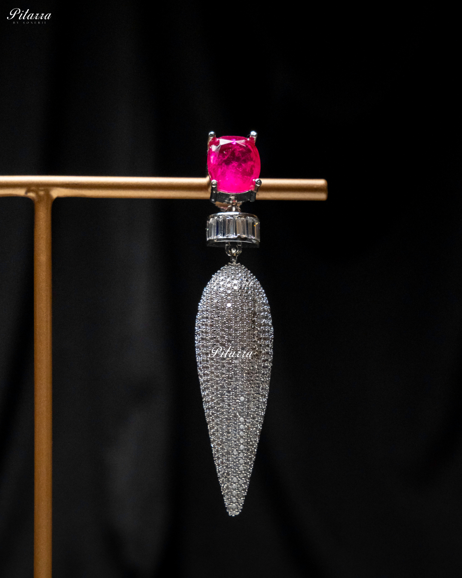 Pink Stone Shiny Teardrop Crystal Dangler Earrings