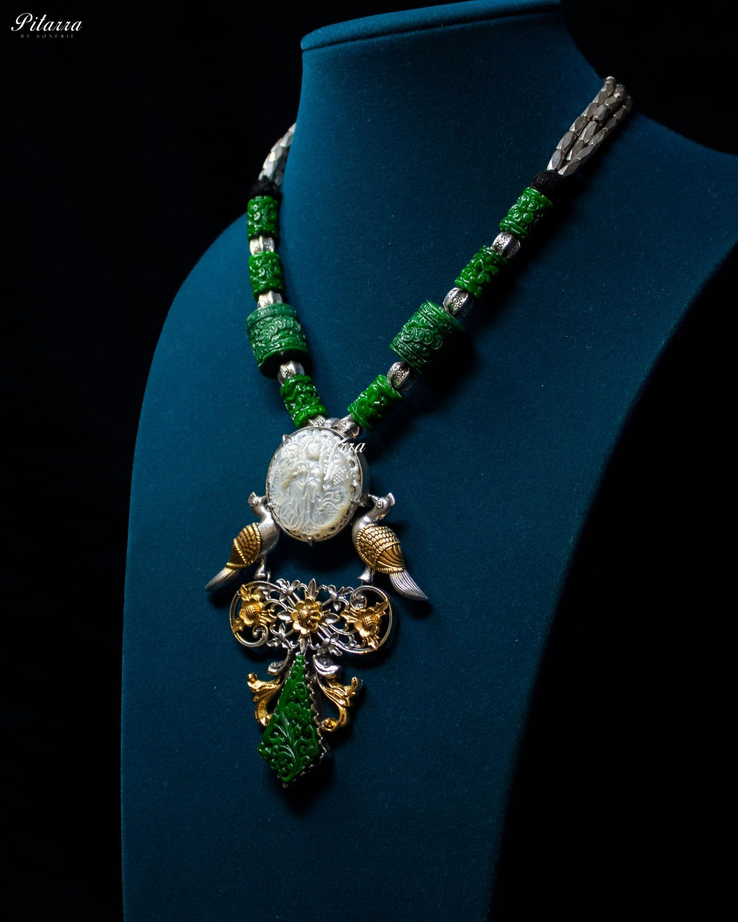 Bird Motifs Green Elements 92.5 Silver Necklace