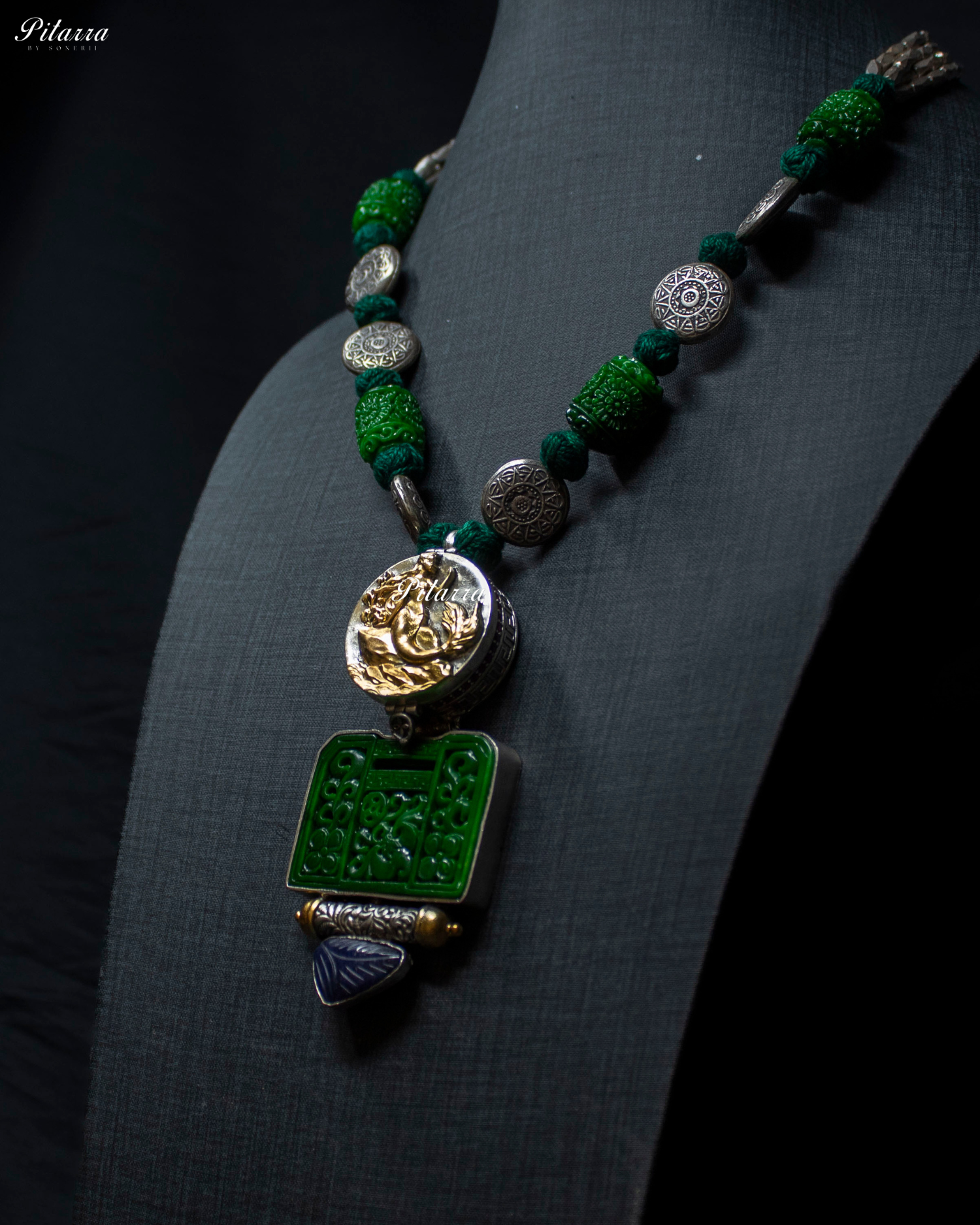 Gold Tone Figure Green Element 92.5 Silver Necklace
