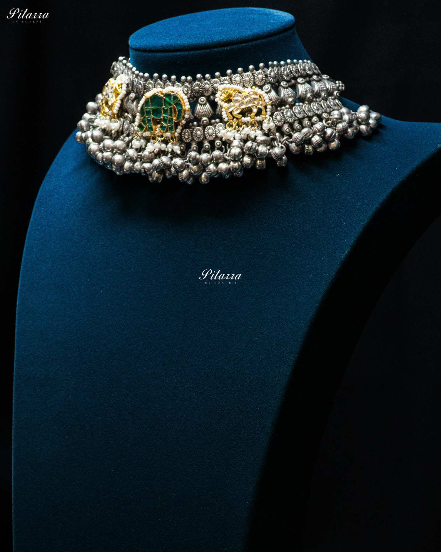 Green Elephant White Horse Ghunghroo Silver Look Alike Choker Set