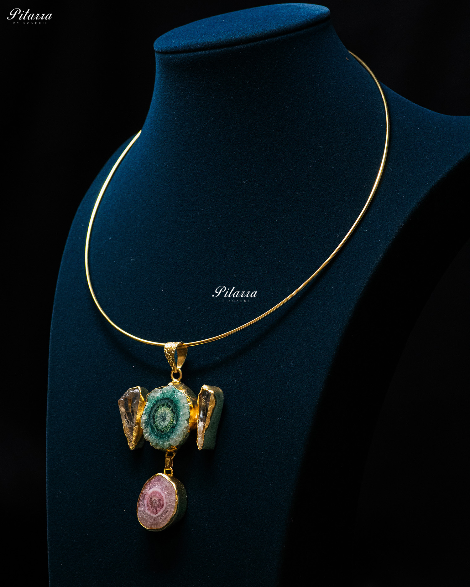 Gold Plated Blue and Purple Circular Raw Stone Pendant