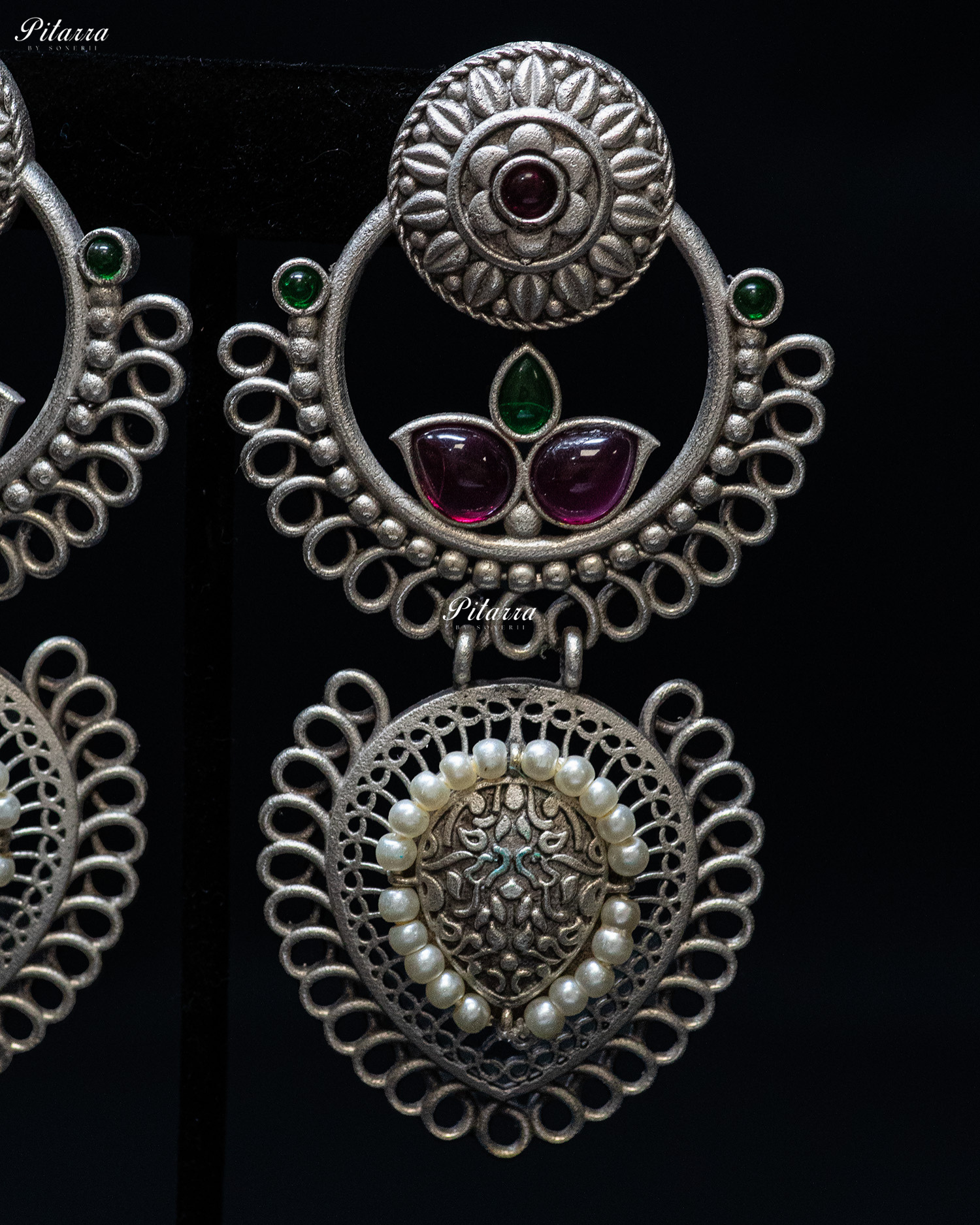 Green Pink Stone White Pearl Silver Look Alike Dangler Earrings