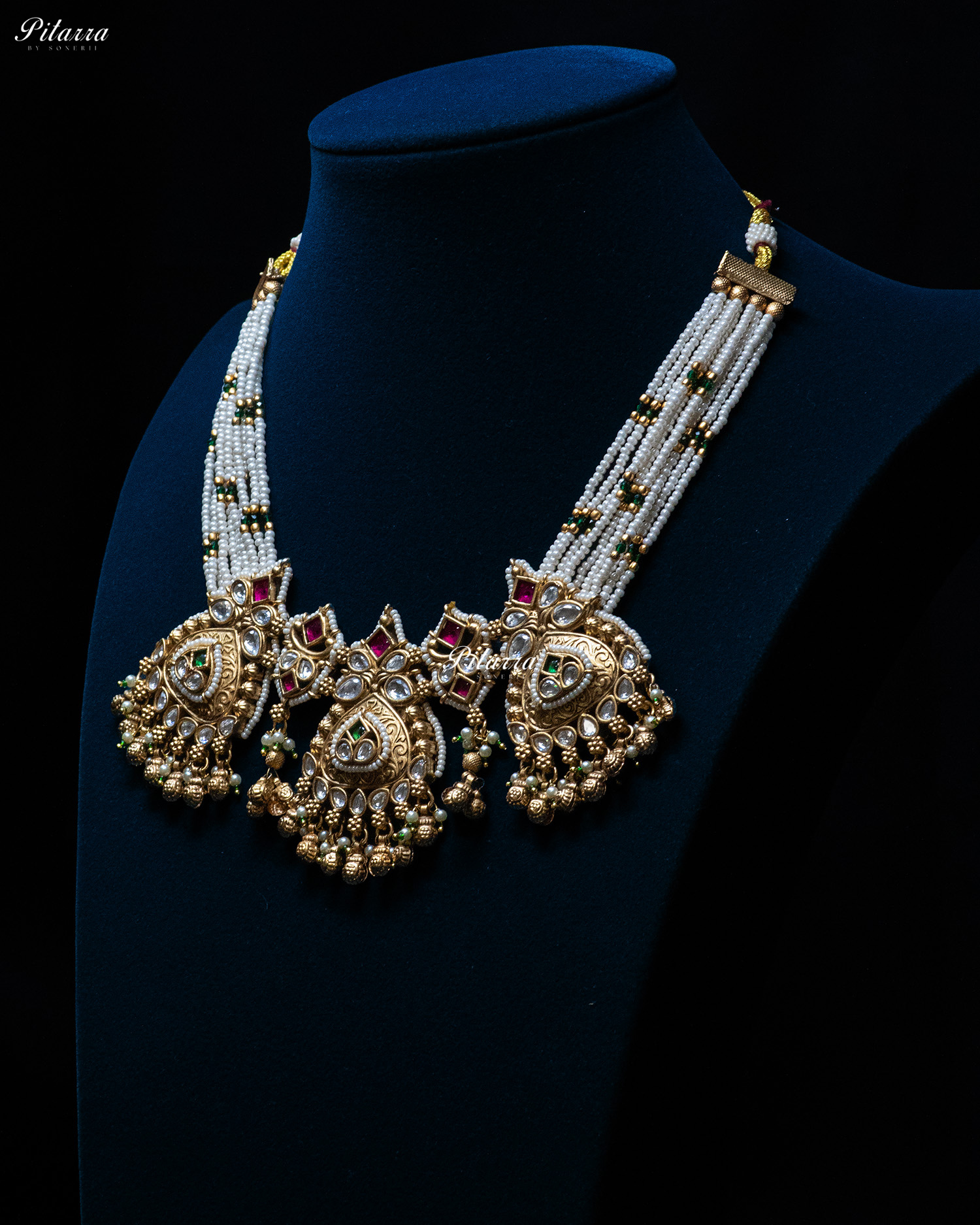Pink Stone Gold Finish White Pearl Kundan Necklace Set