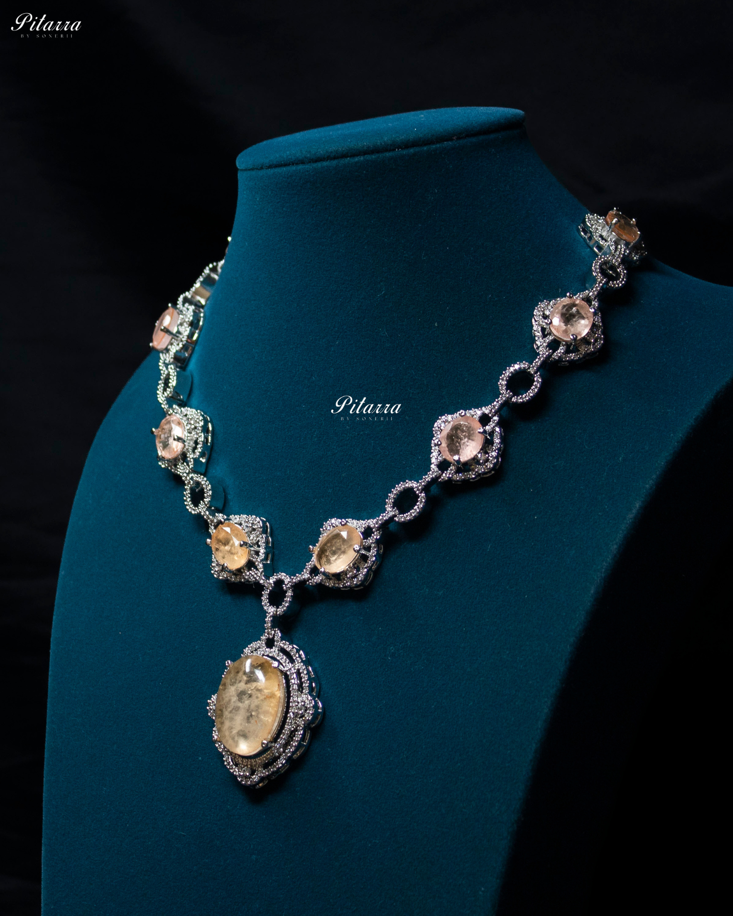 Peach Stone Silver Finish Tone Crystal Necklace Set