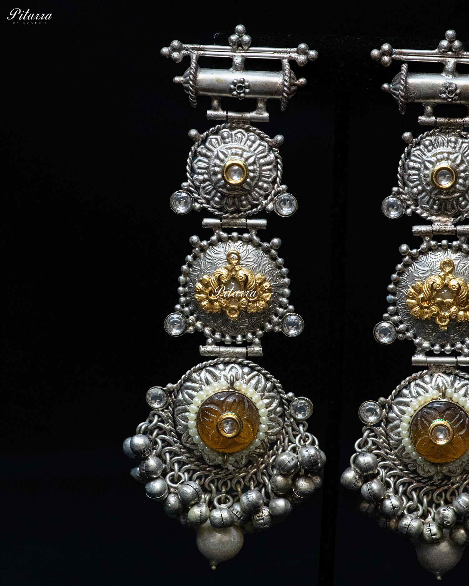 Two Peacock Design Yellow Stone Silver Look Alike Dangle Earrings