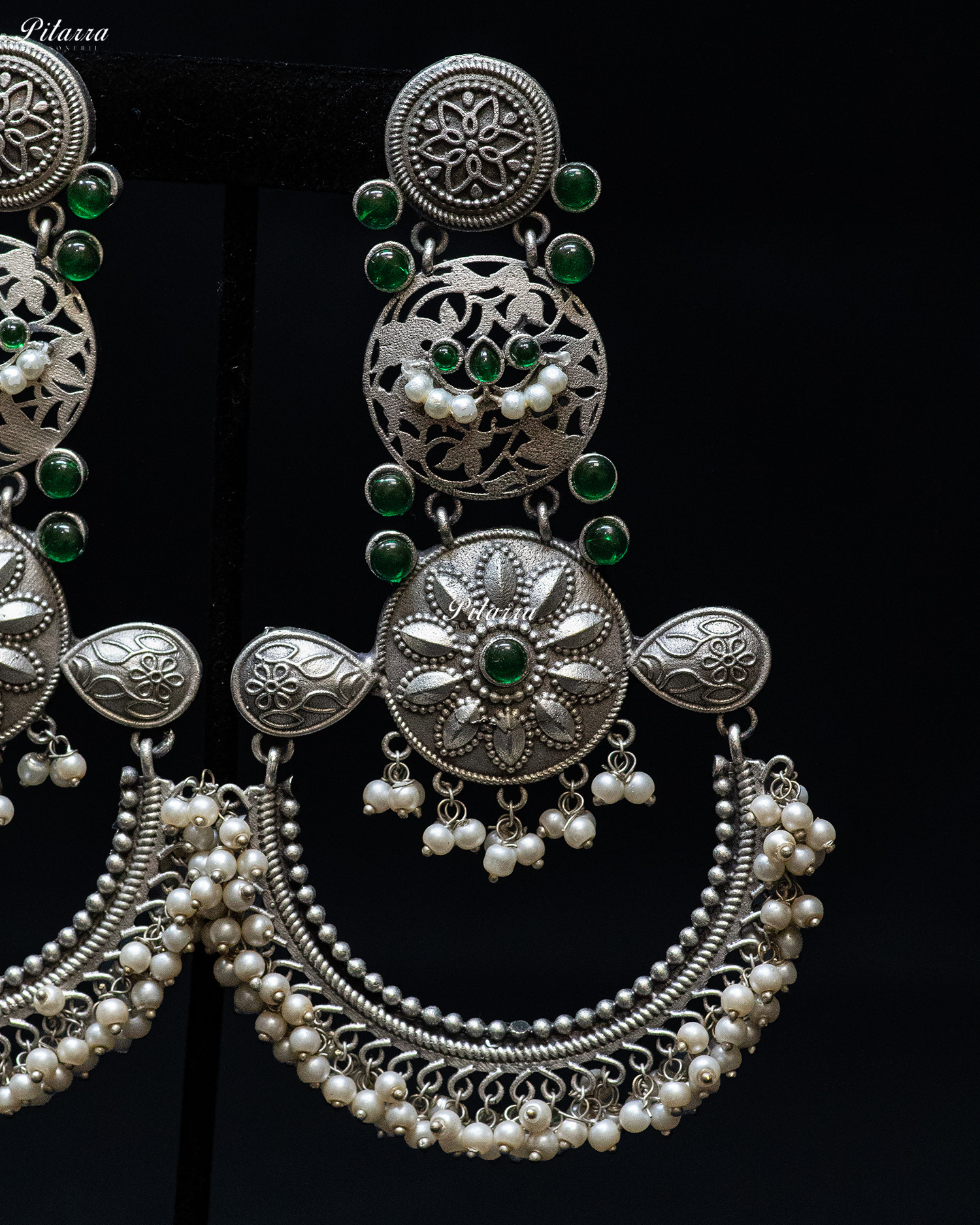 Dark Green Stone Flora Motif Silver Look Alike Dangler Earrings