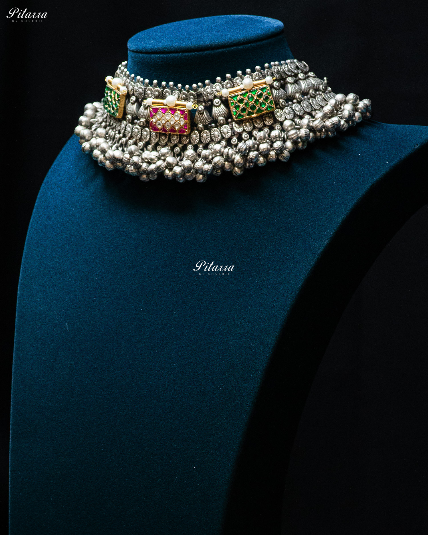 Green Pink Antique Box Ghunghroo Silver Look Alike Choker Set