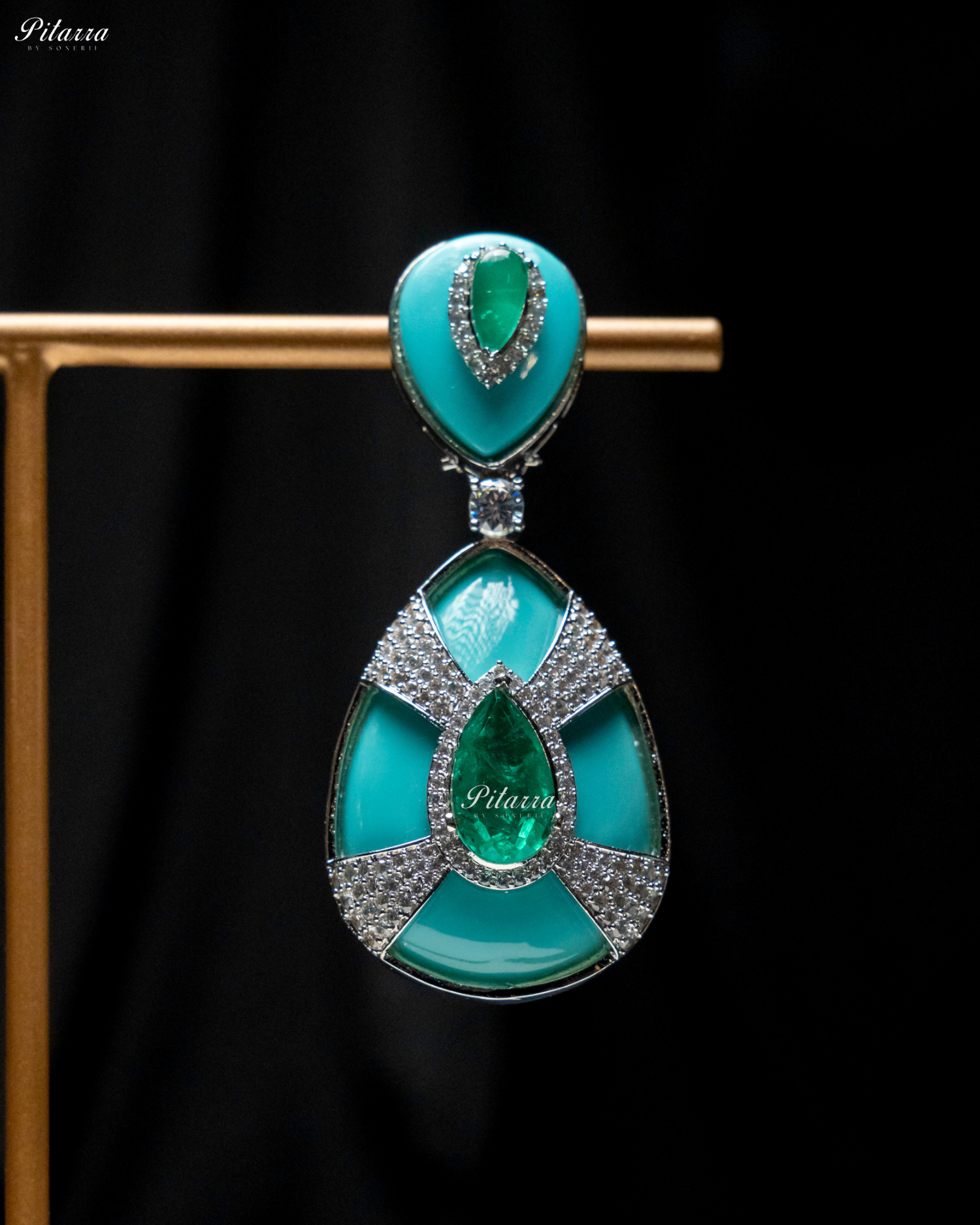 Turquoise Stone Emerald Drop Silver Line Crystal Dangler Earrings