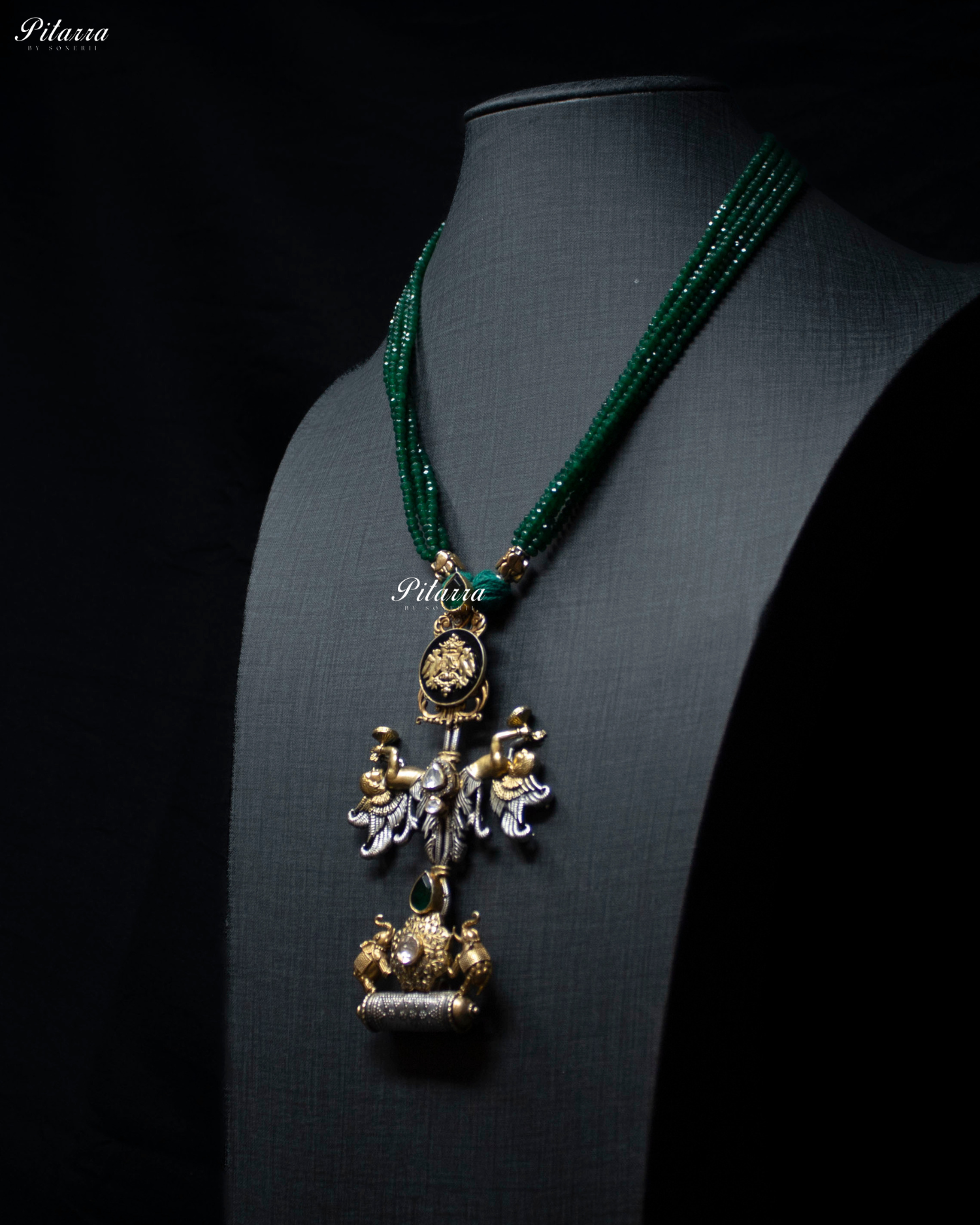Cherub and Eelephant Figure Green Beads 92.5 Silver Necklace