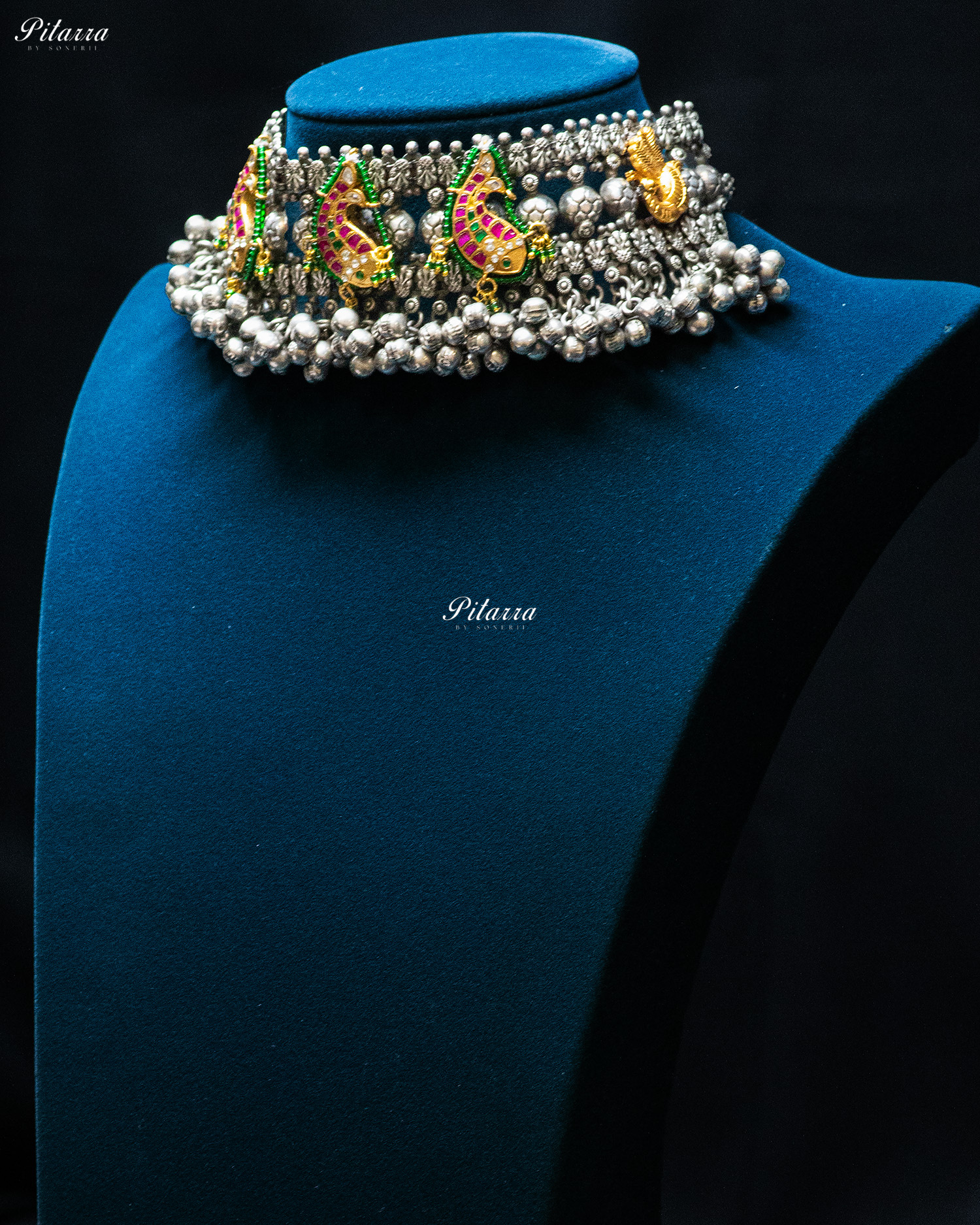 Golden Green Fish Ghunghroo Silver Look Alike Choker Set