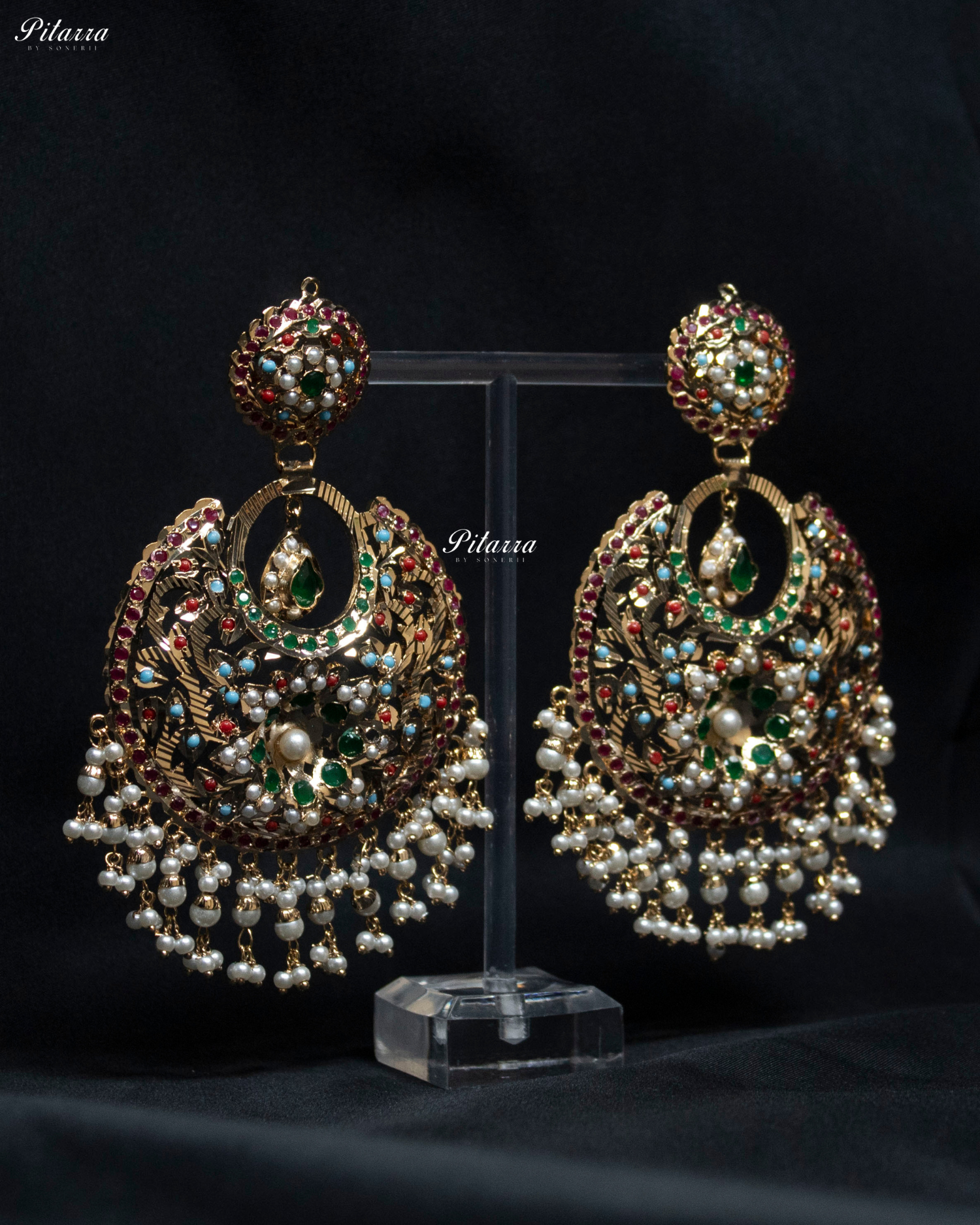Emerald Stone Studded Punjabi Jadau Chandbali Earrings