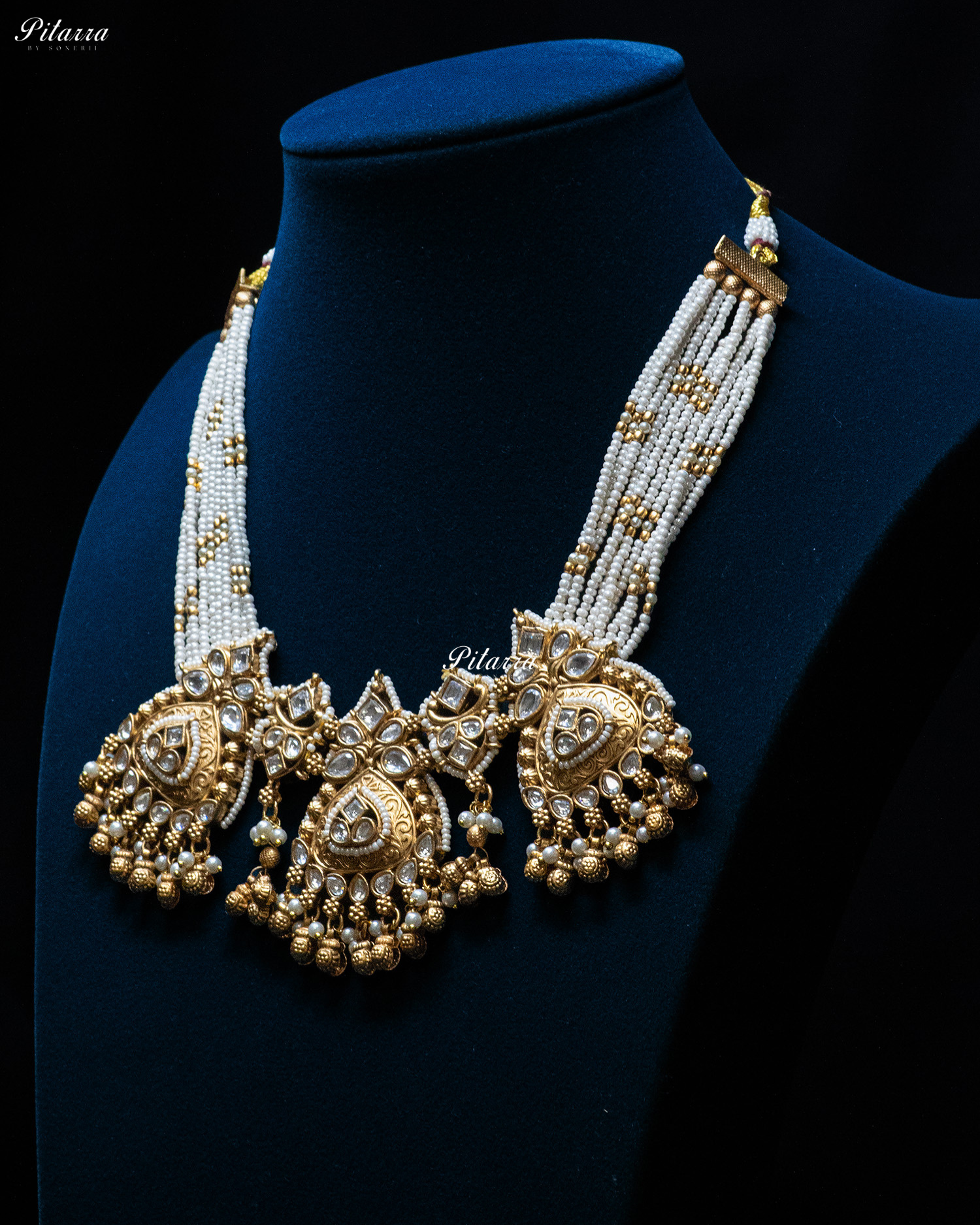 White Stone Gold Finish White Pearl Kundan Necklace Set