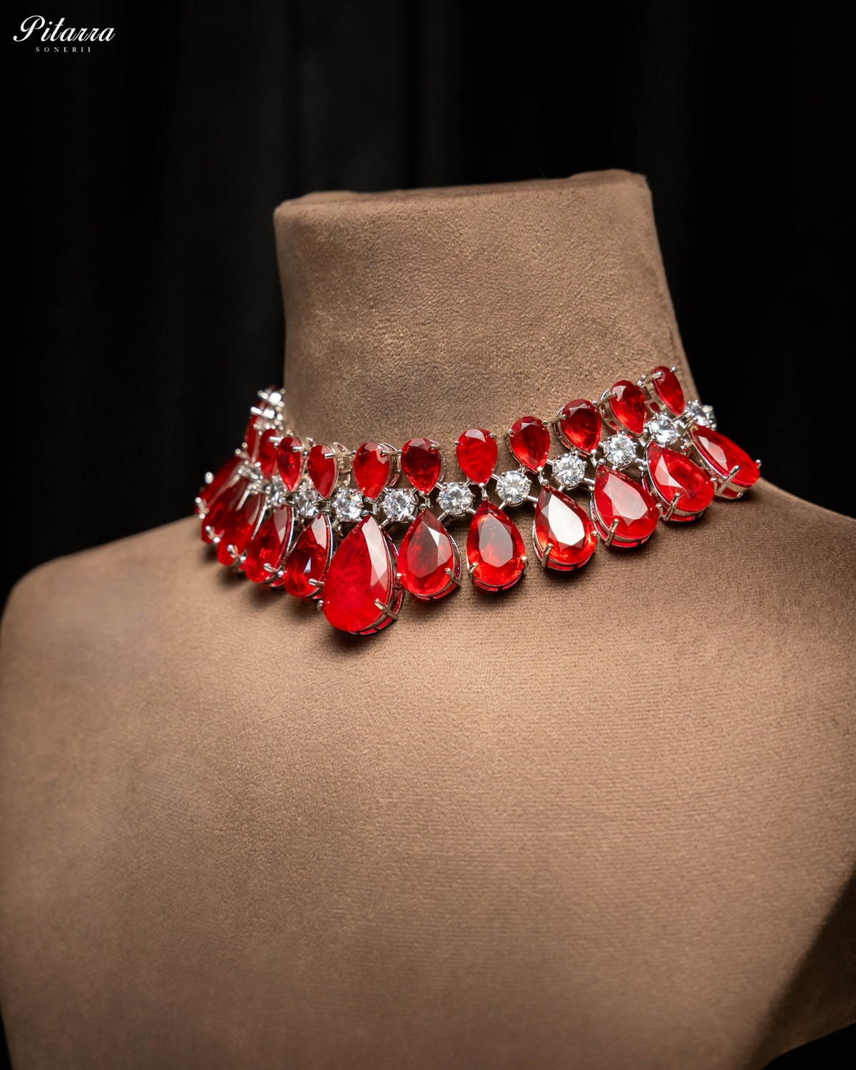 Ruby Red Crystal Statement Choker Necklace Set