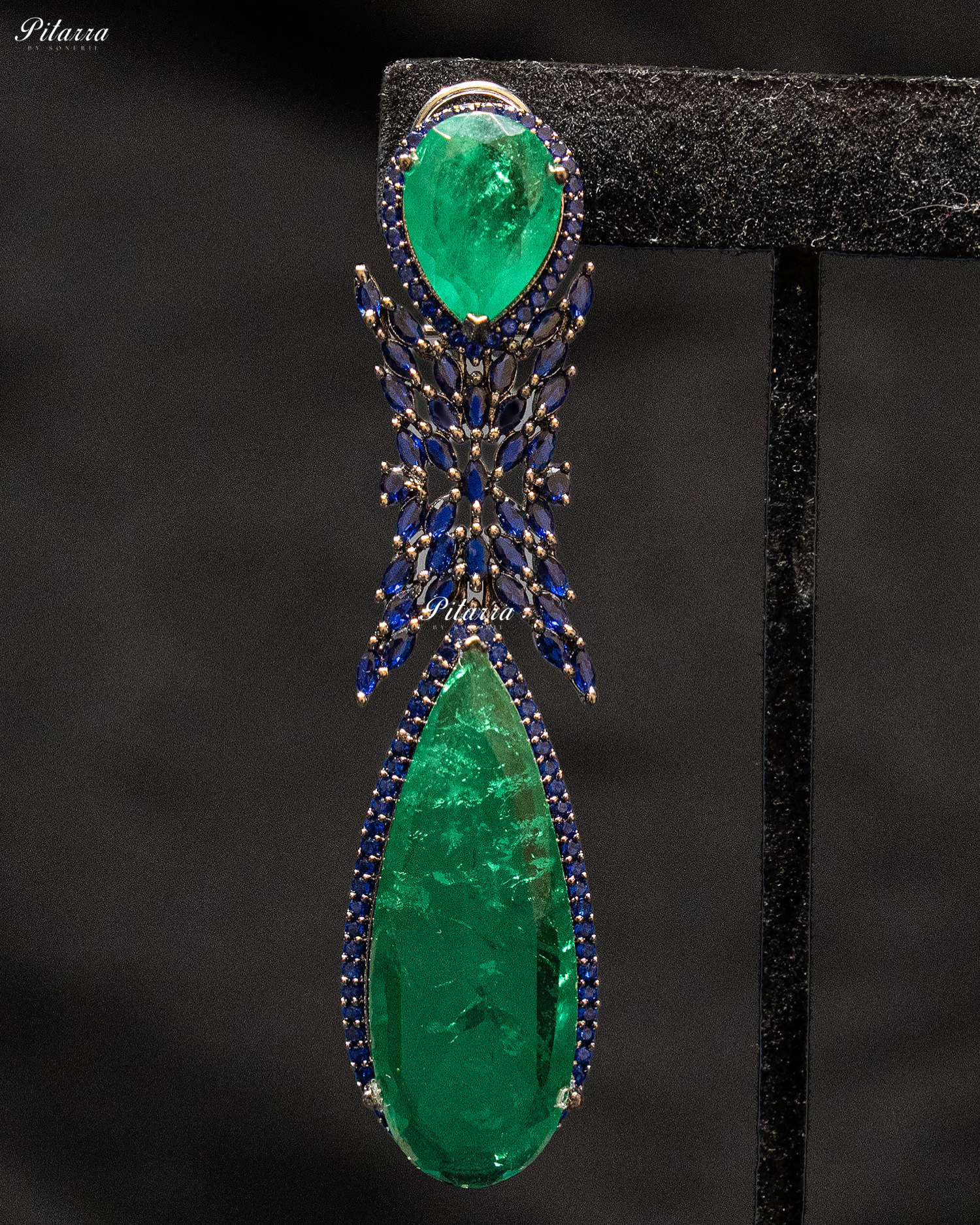 Emerald Stone Blue Finish Contemporary Drop Earrings