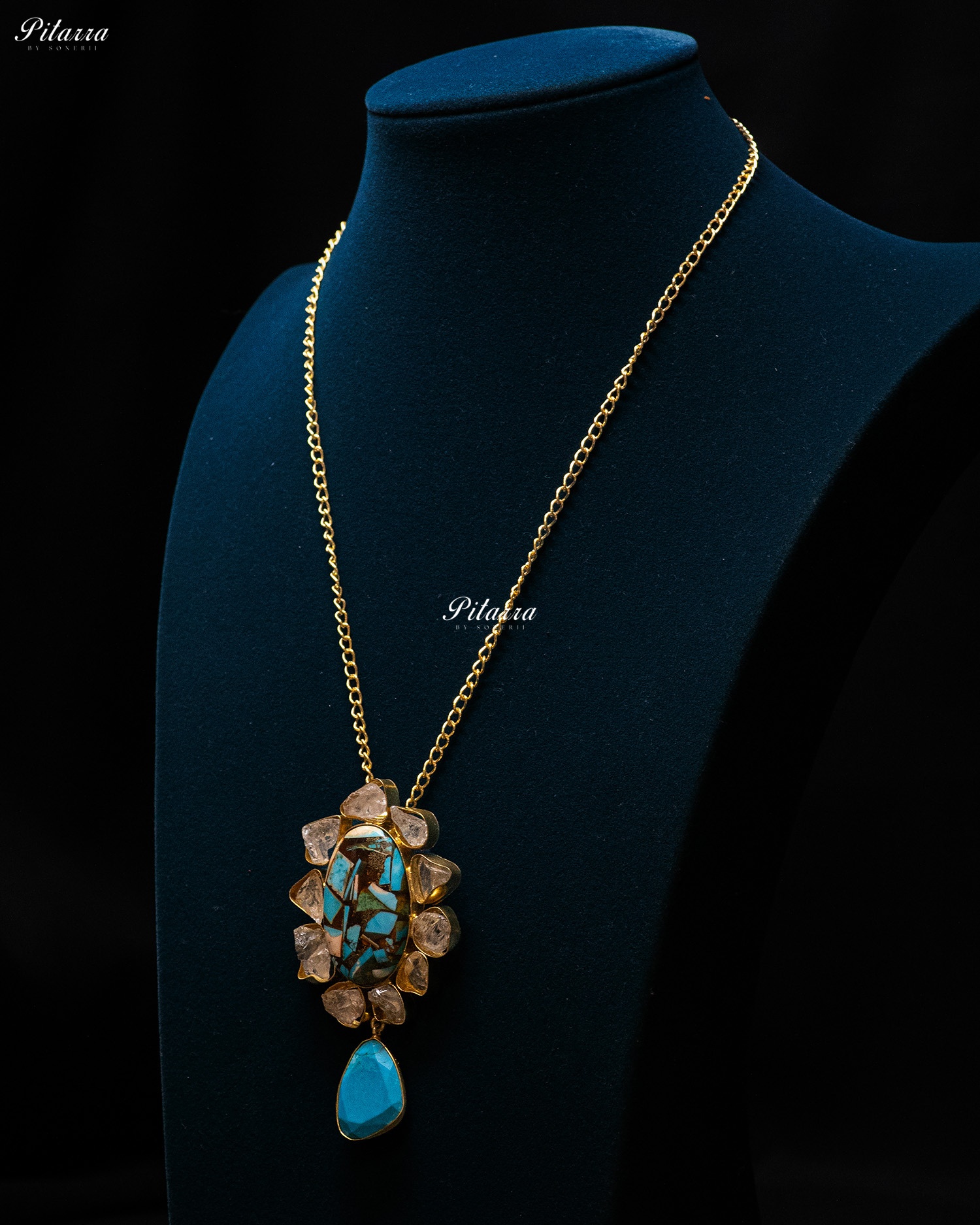 Turquoise Raw Stone White Crystals Pendant Necklace