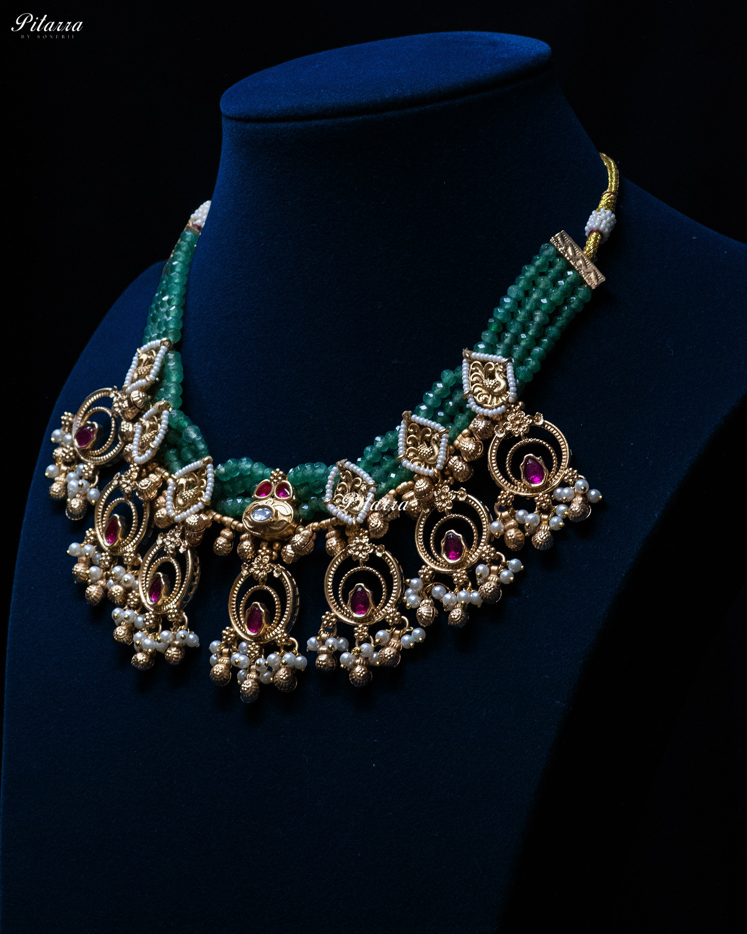 Multi Bird Motif Dark Green Beads Kundan Necklace Set