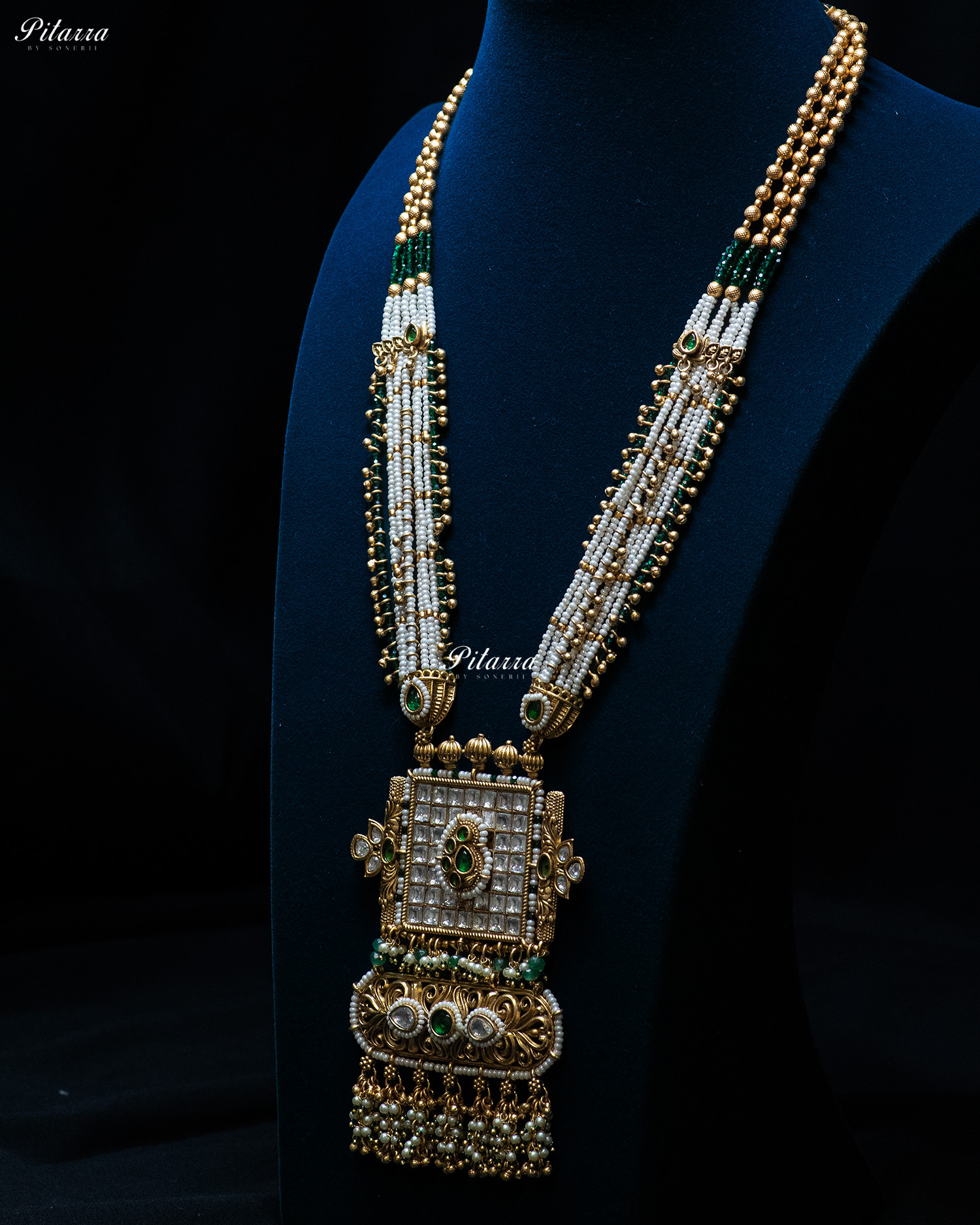 Golden Green Stone Multi Strand Long Kundan Necklace Set