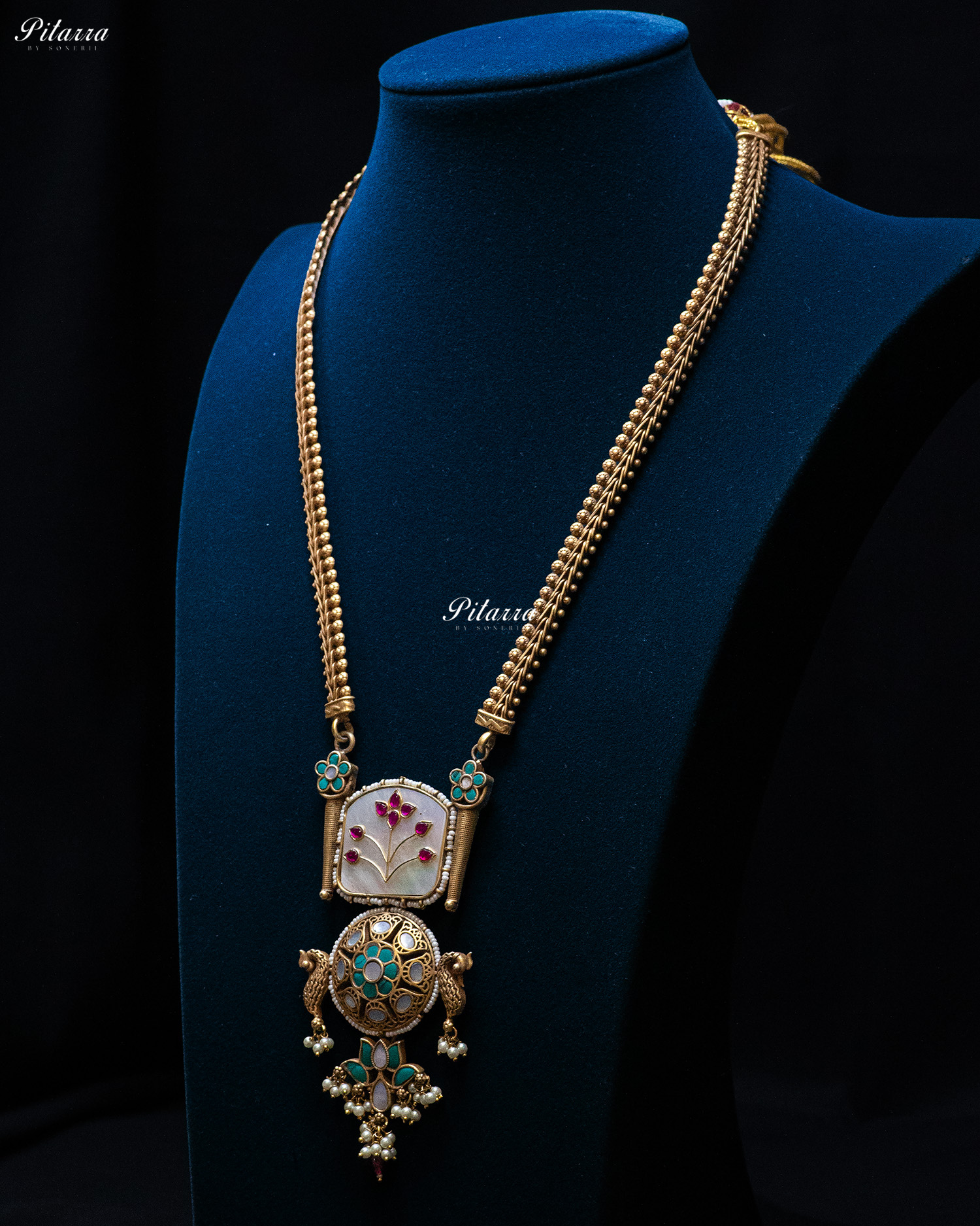 Golden Beads Chain White Turquoise Stone Silver Look Alike Pendant Set