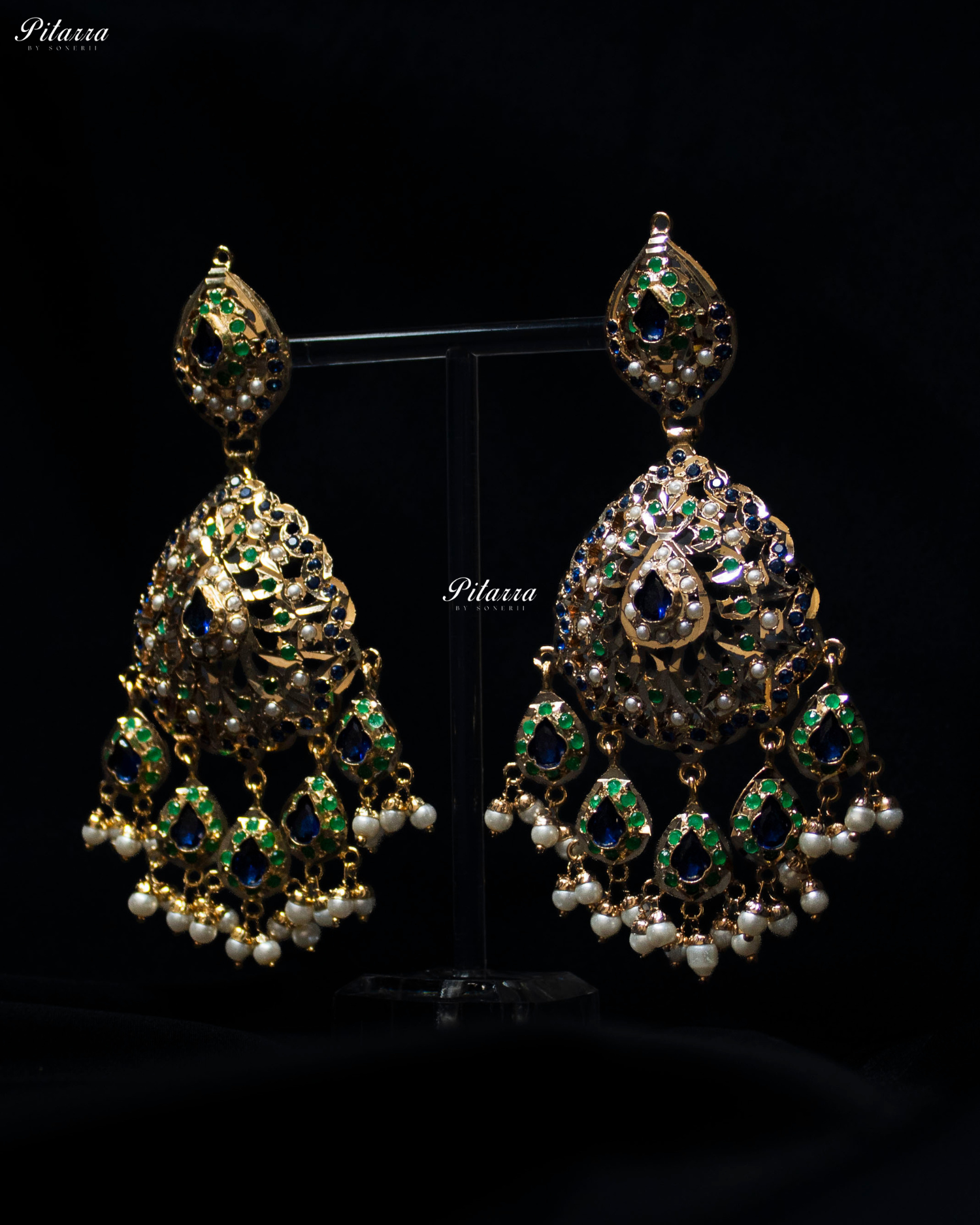 Emerald Blue Studed Stone Handcrafted Chandbali Earrings