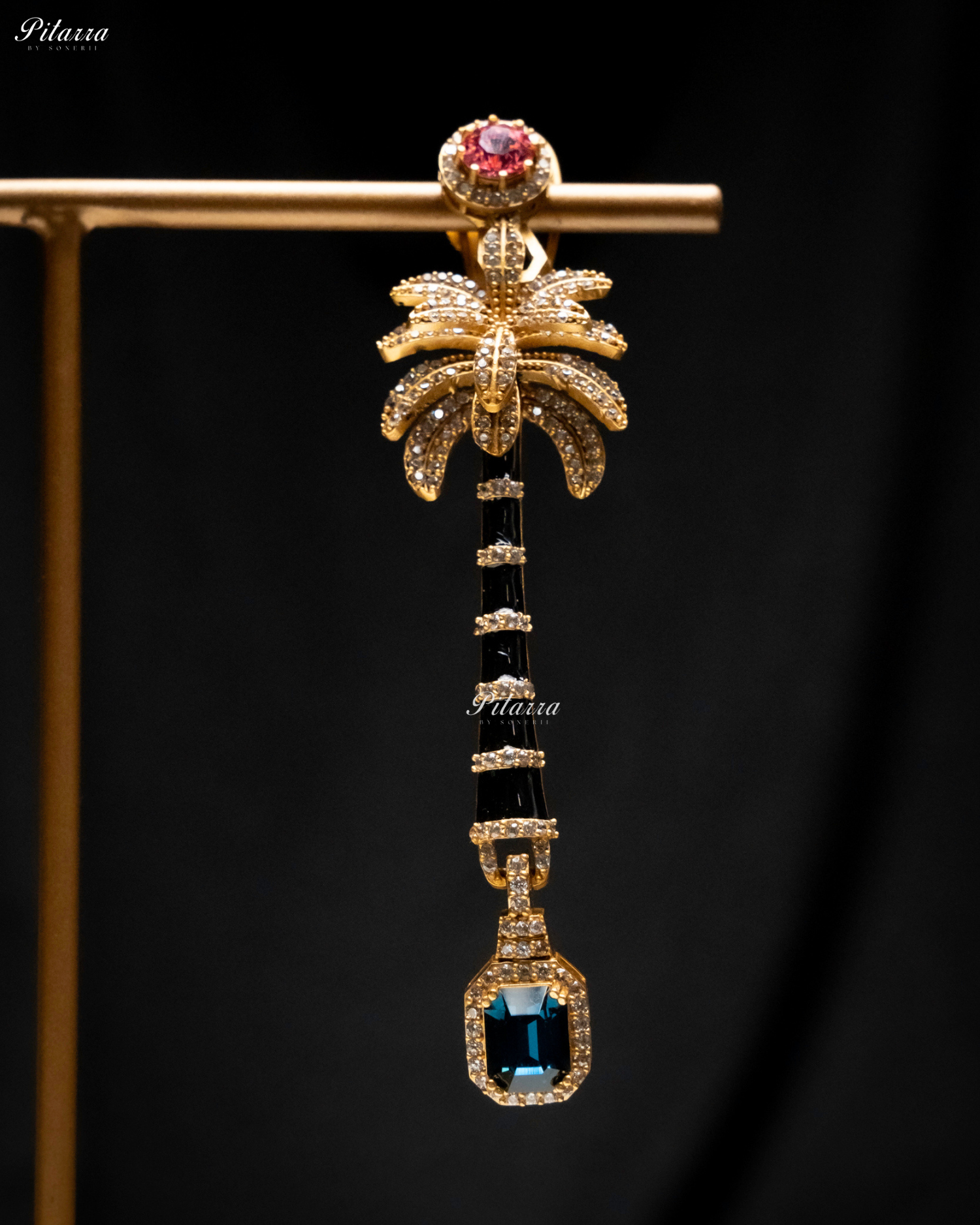 Pink and Navy Blue Stone Palm Tree Crystal Earrings