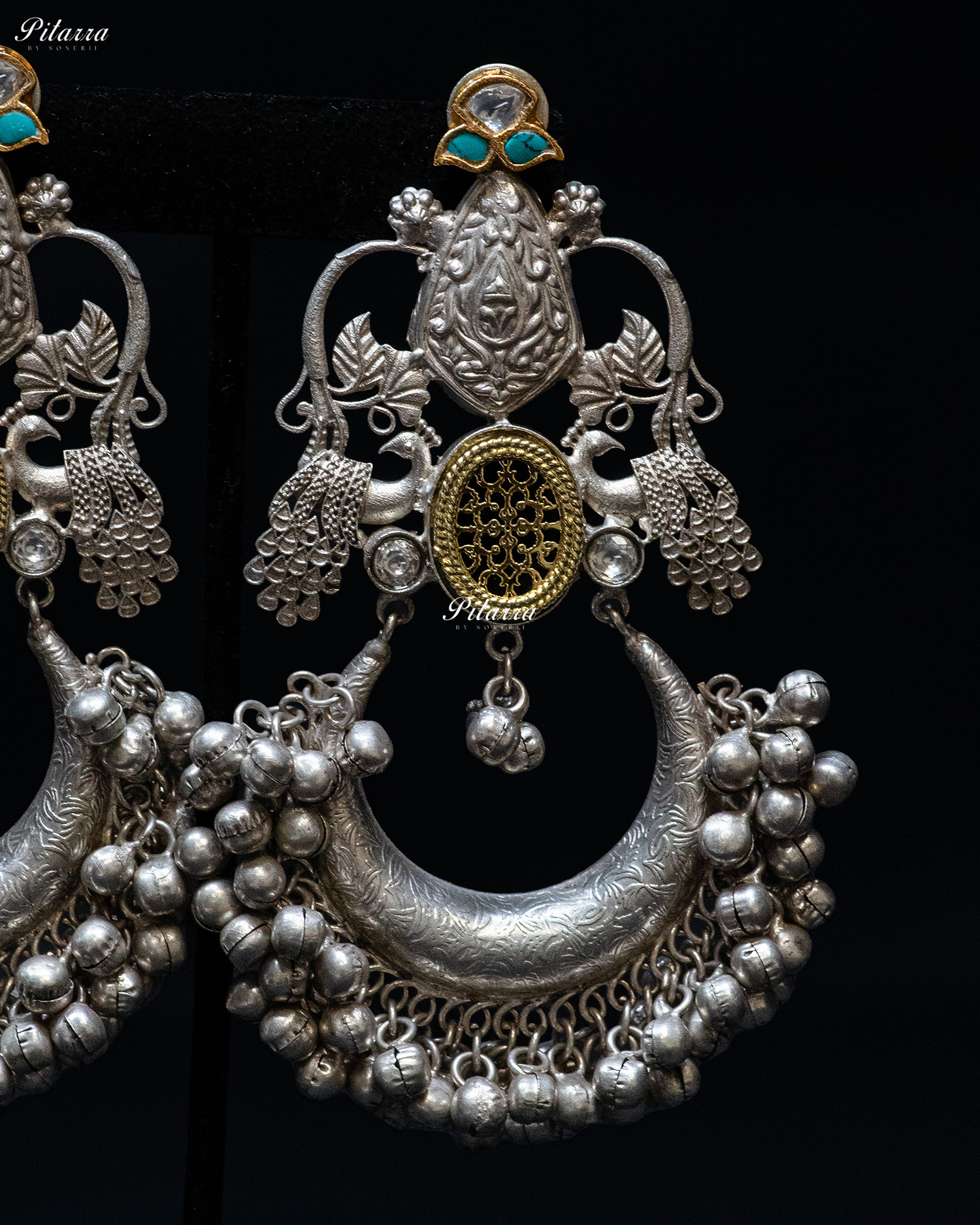 Dual Peacock Ghungroo Silver Look Alike Dangle Earrings