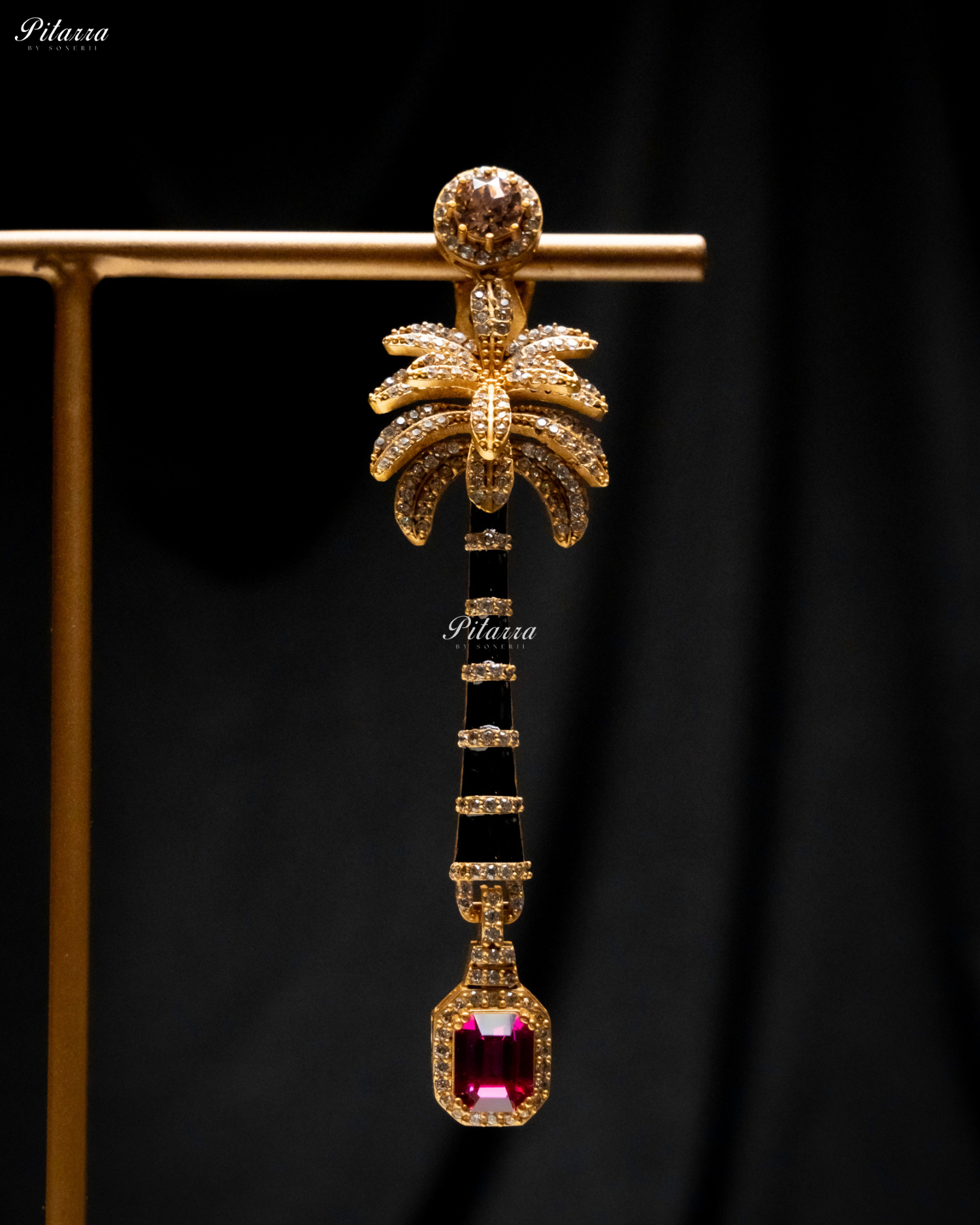 Golden and Pink Stone Palm Tree Crystal Earrings