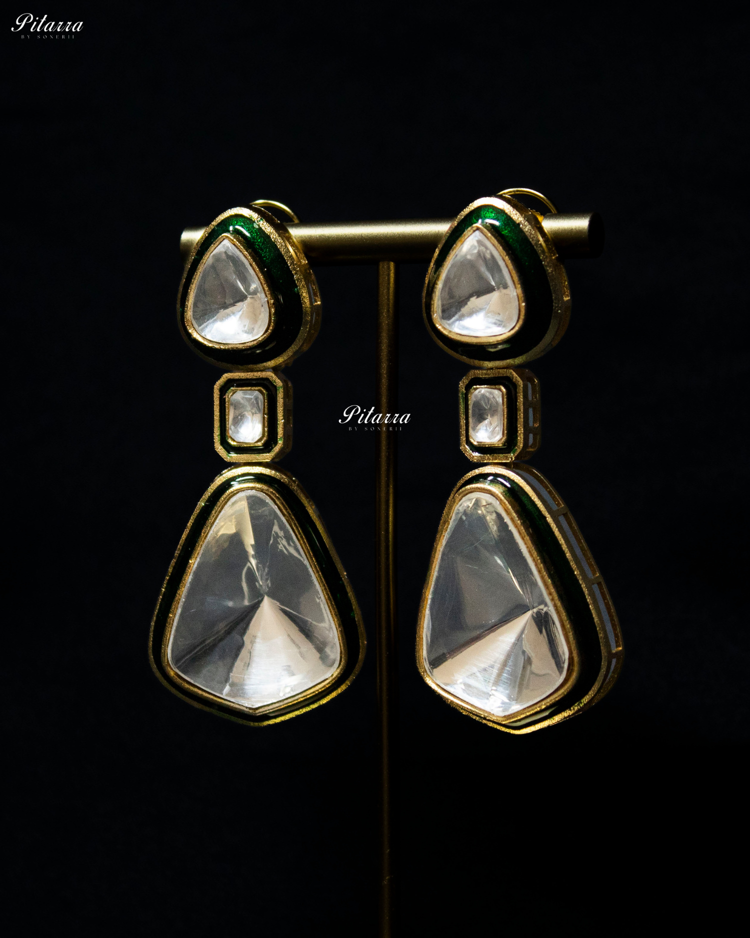 Gold Plated Dark Emerald Kundan Meenakar Drop Earrings