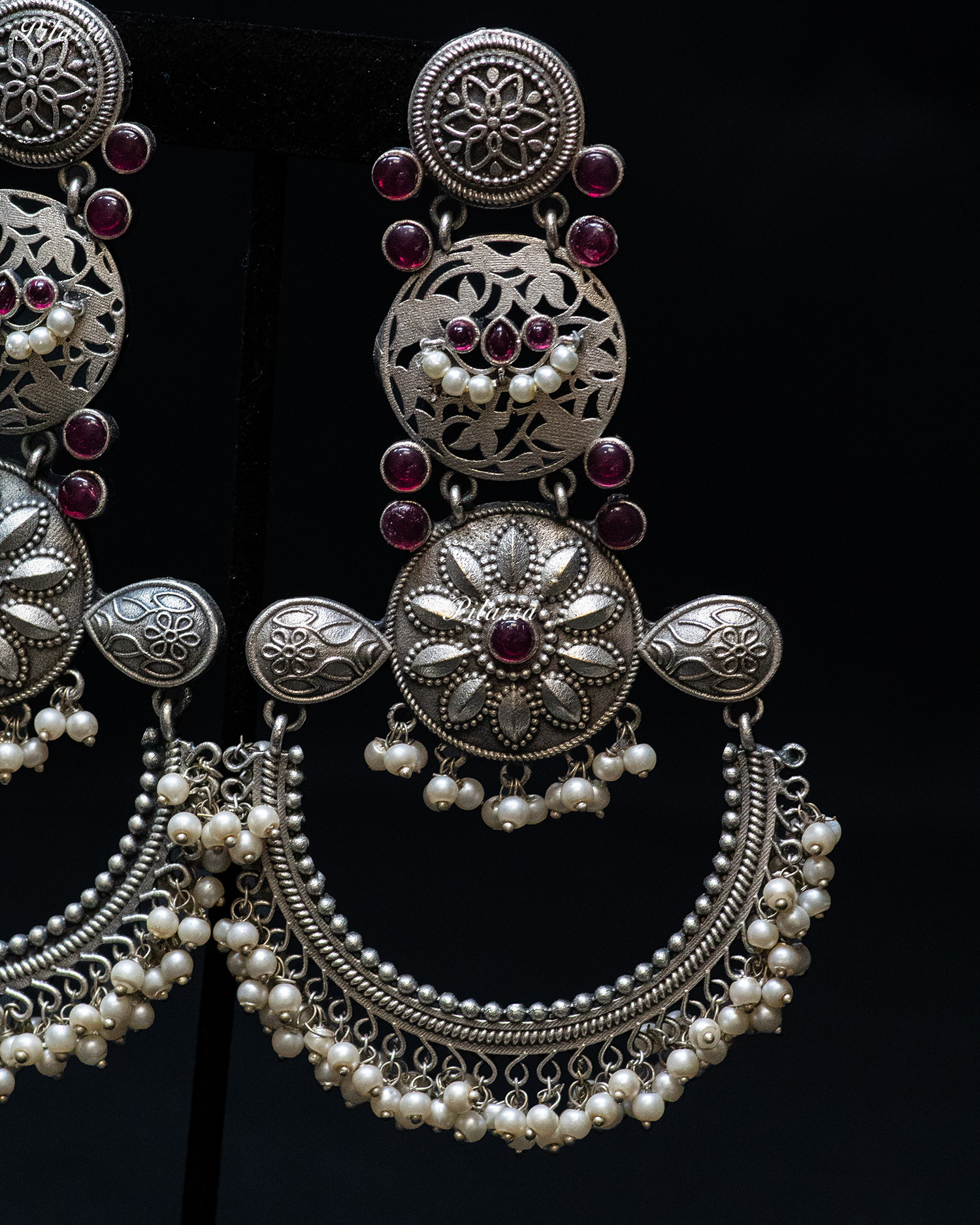 Pink Stone Flora Motif Silver Look Alike Dangler Earrings