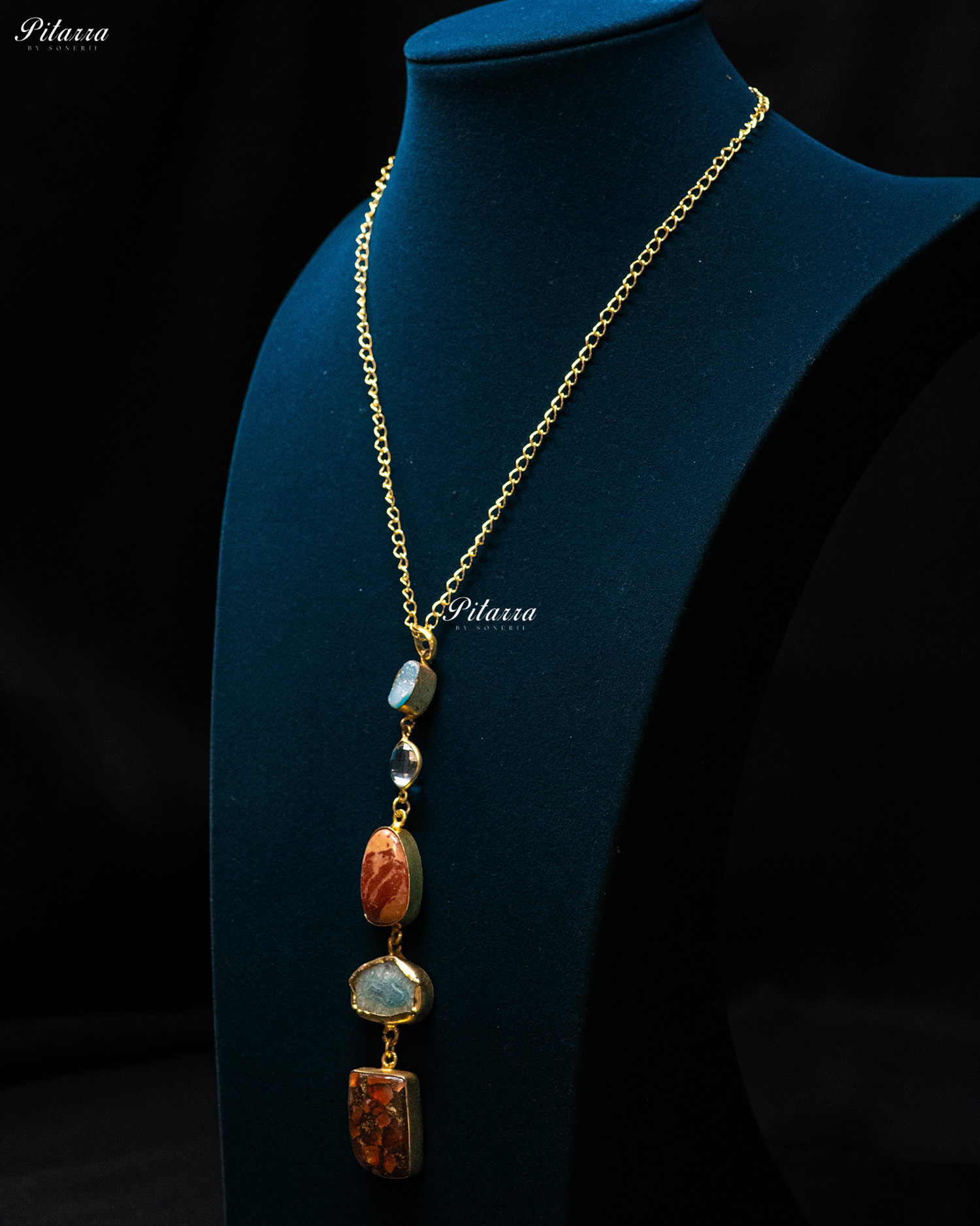 Red Blue Textured Circle Five Raw Stone Long Pendant
