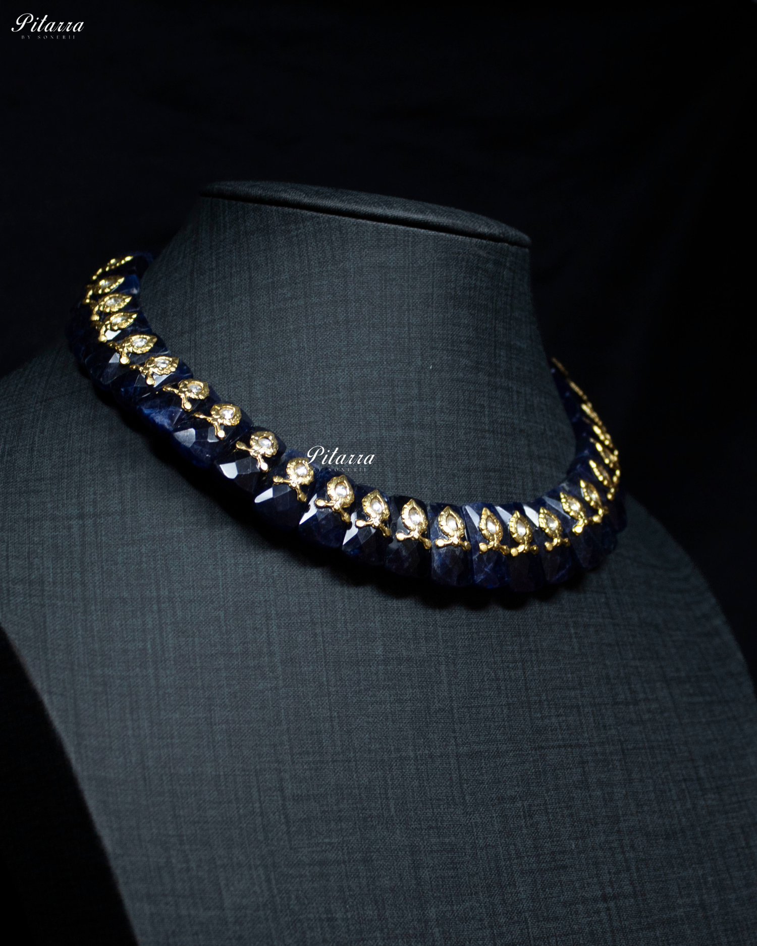 Victorian Blue Stone Golden Work 92.5 Silver Necklace