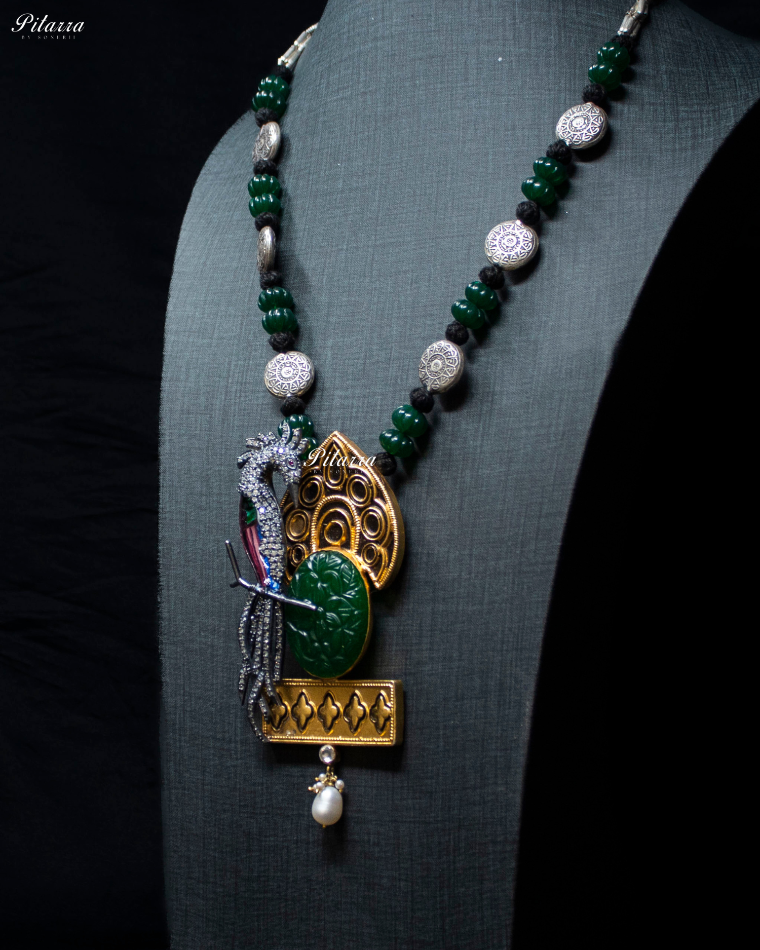 Peacock Motif Emerald Beads 92.5 Silver Necklace