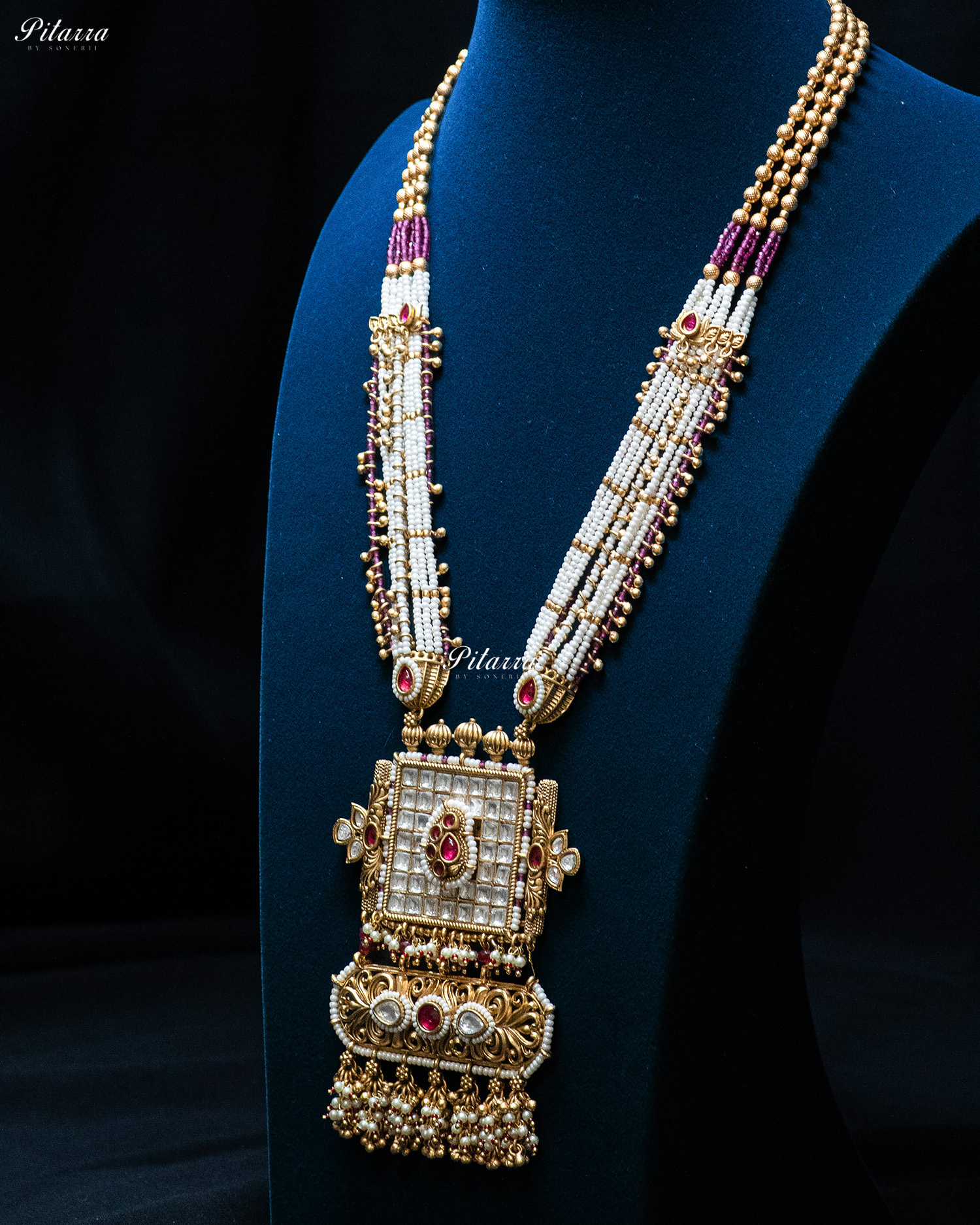 Golden Pink Stone Multi Strand Long Kundan Necklace Set